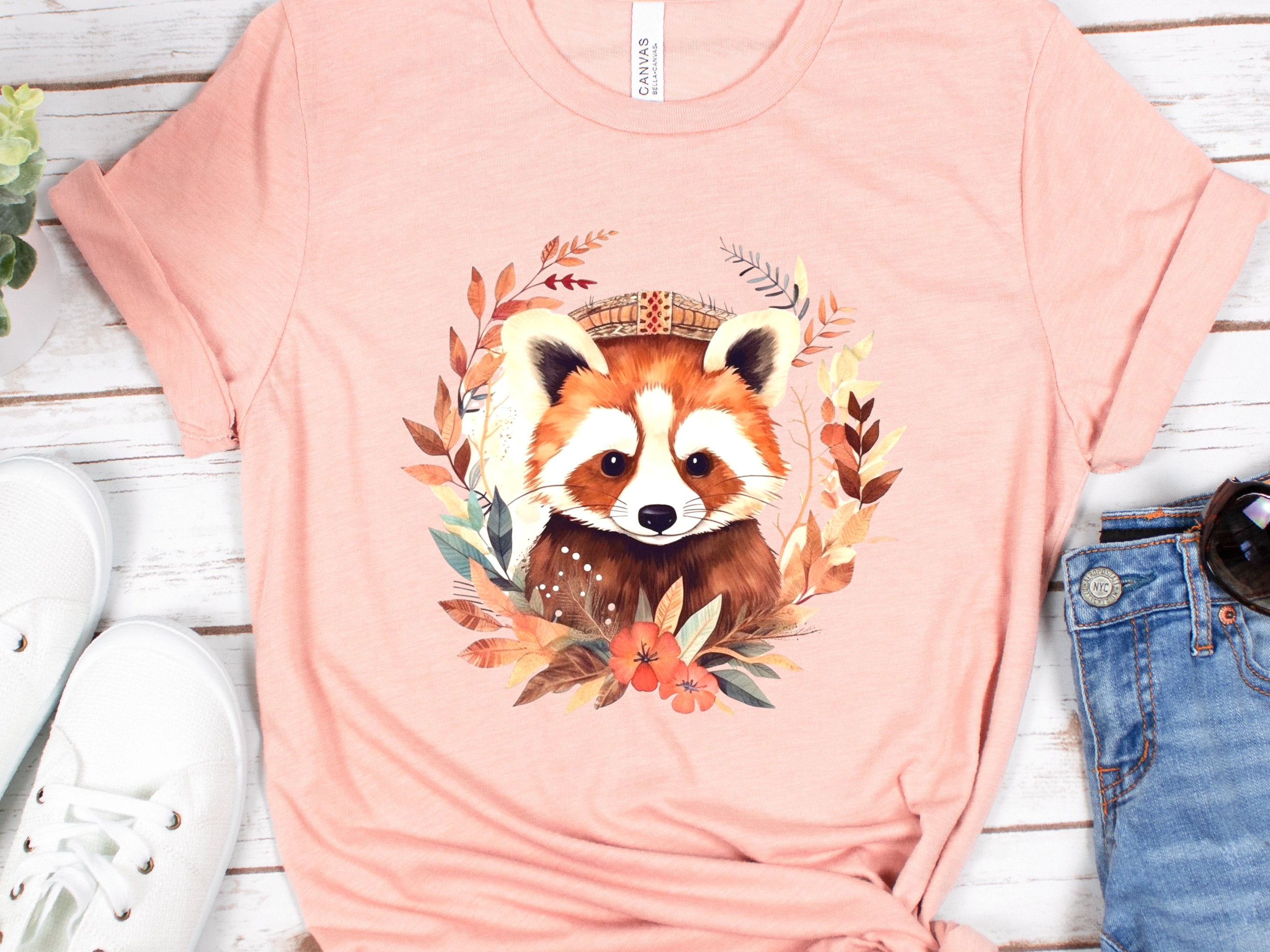 Red Panda Shirt Cute Trash Panda Lover Gifts Animal T-Shirt Unisex Boho Design Bohemian Watercolour Floral Wreath Tee Adorable Boho Chic - View 4