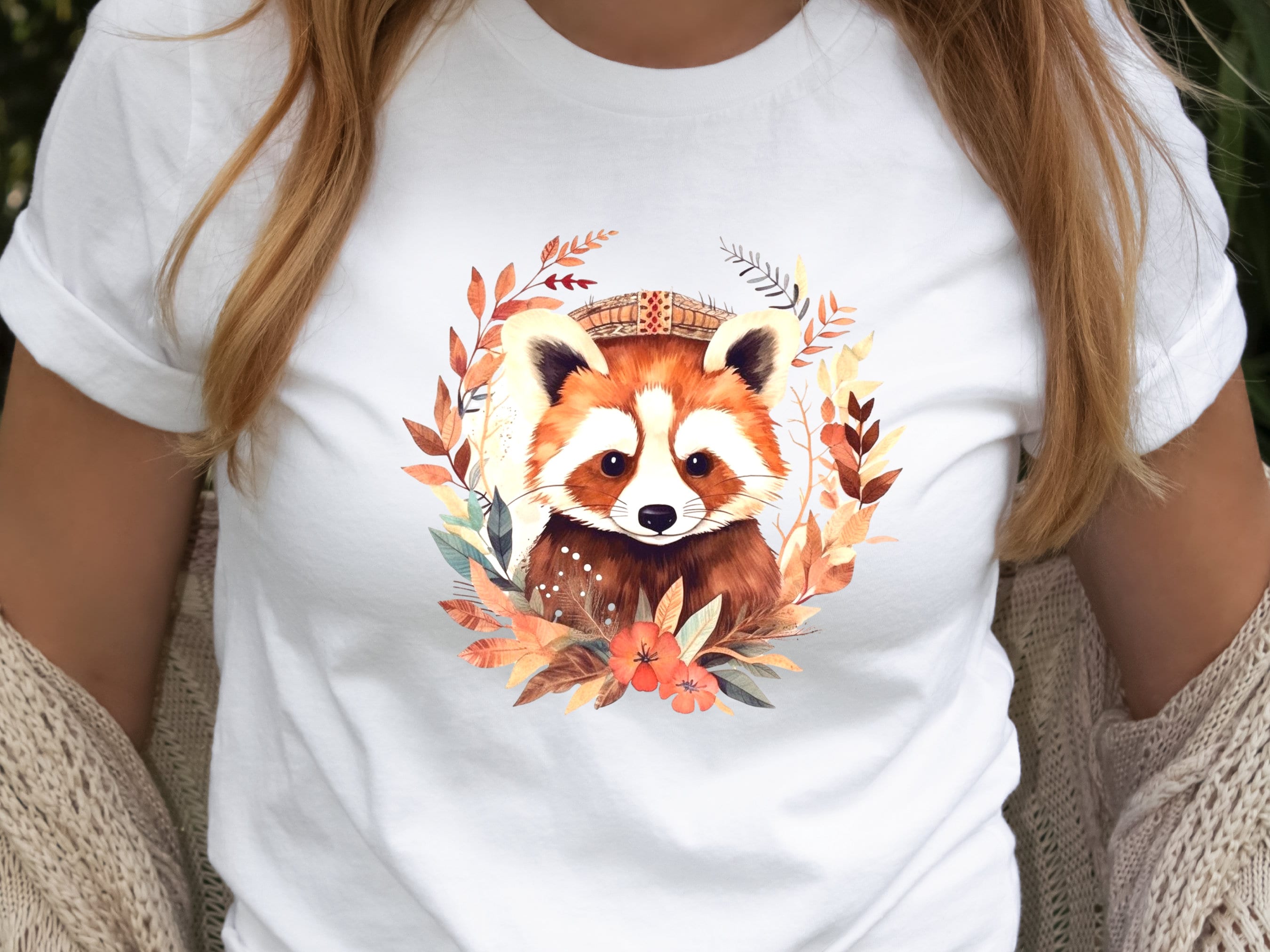 Red Panda Shirt Cute Trash Panda Lover Gifts Animal T-Shirt Unisex Boho Design Bohemian Watercolour Floral Wreath Tee Adorable Boho Chic - View 2