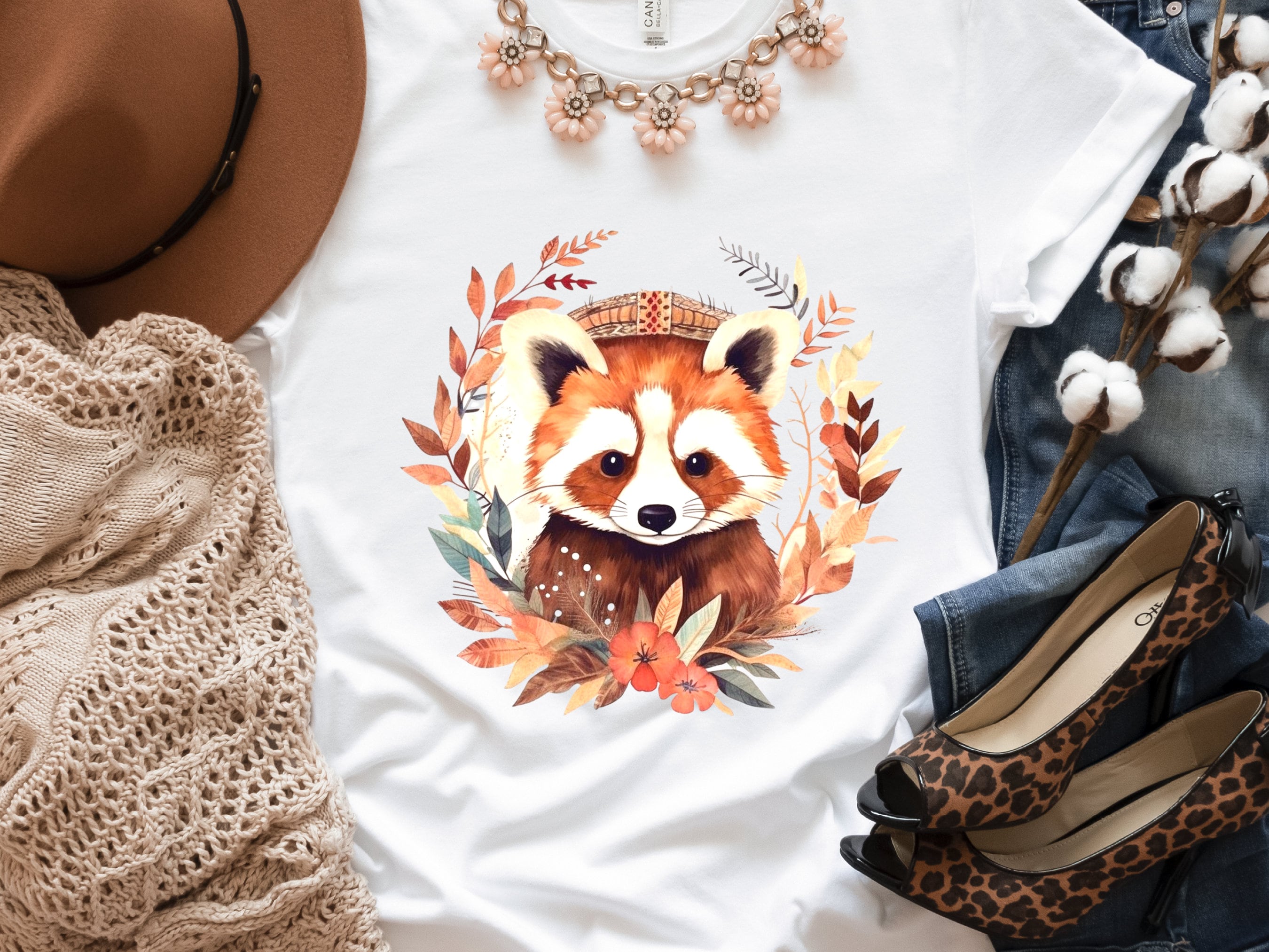 Red Panda Shirt Cute Trash Panda Lover Gifts Animal T-Shirt Unisex Boho Design Bohemian Watercolour Floral Wreath Tee Adorable Boho Chic - View 7