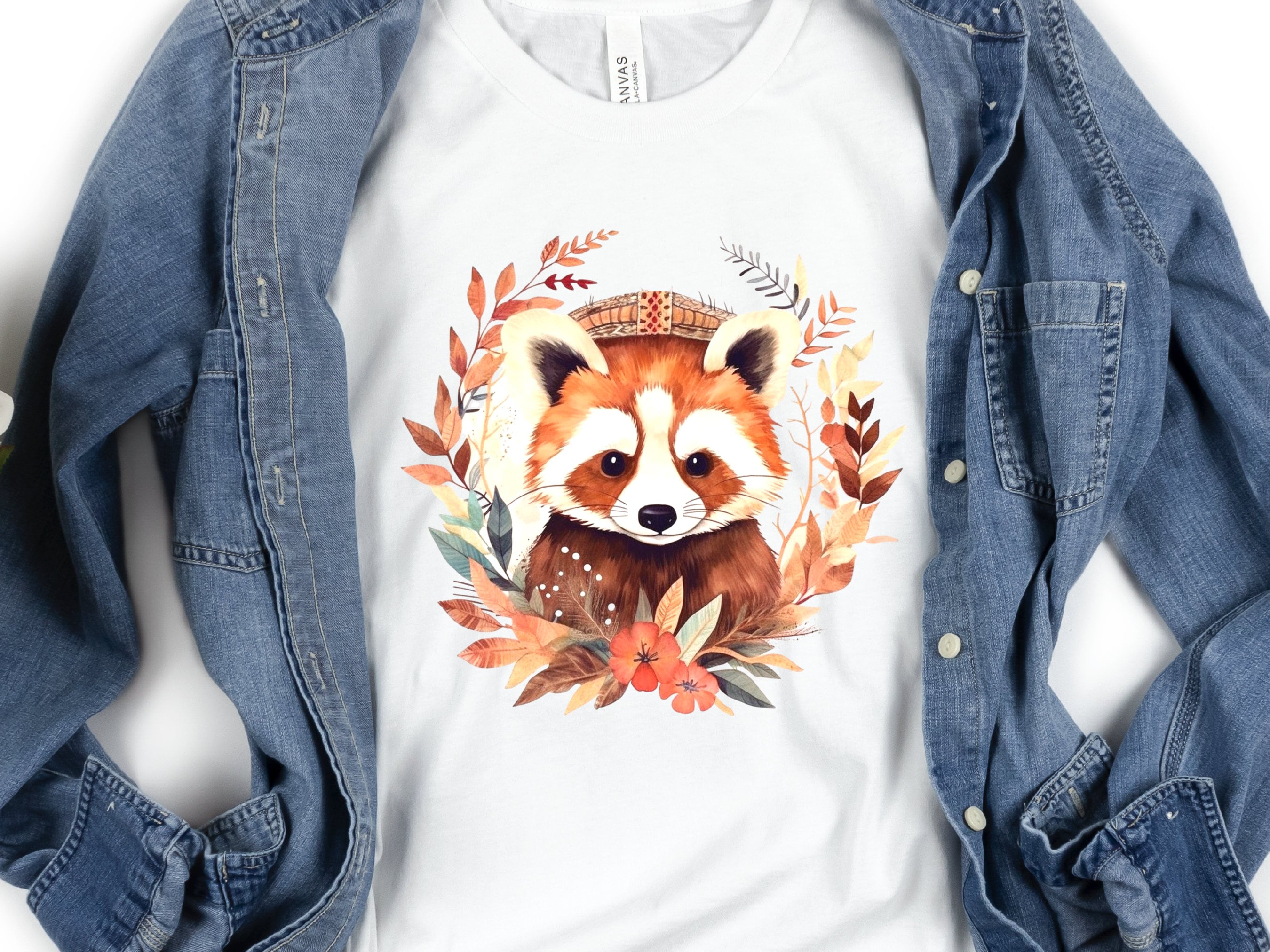 Red Panda Shirt Cute Trash Panda Lover Gifts Animal T-Shirt Unisex Boho Design Bohemian Watercolour Floral Wreath Tee Adorable Boho Chic - View 5