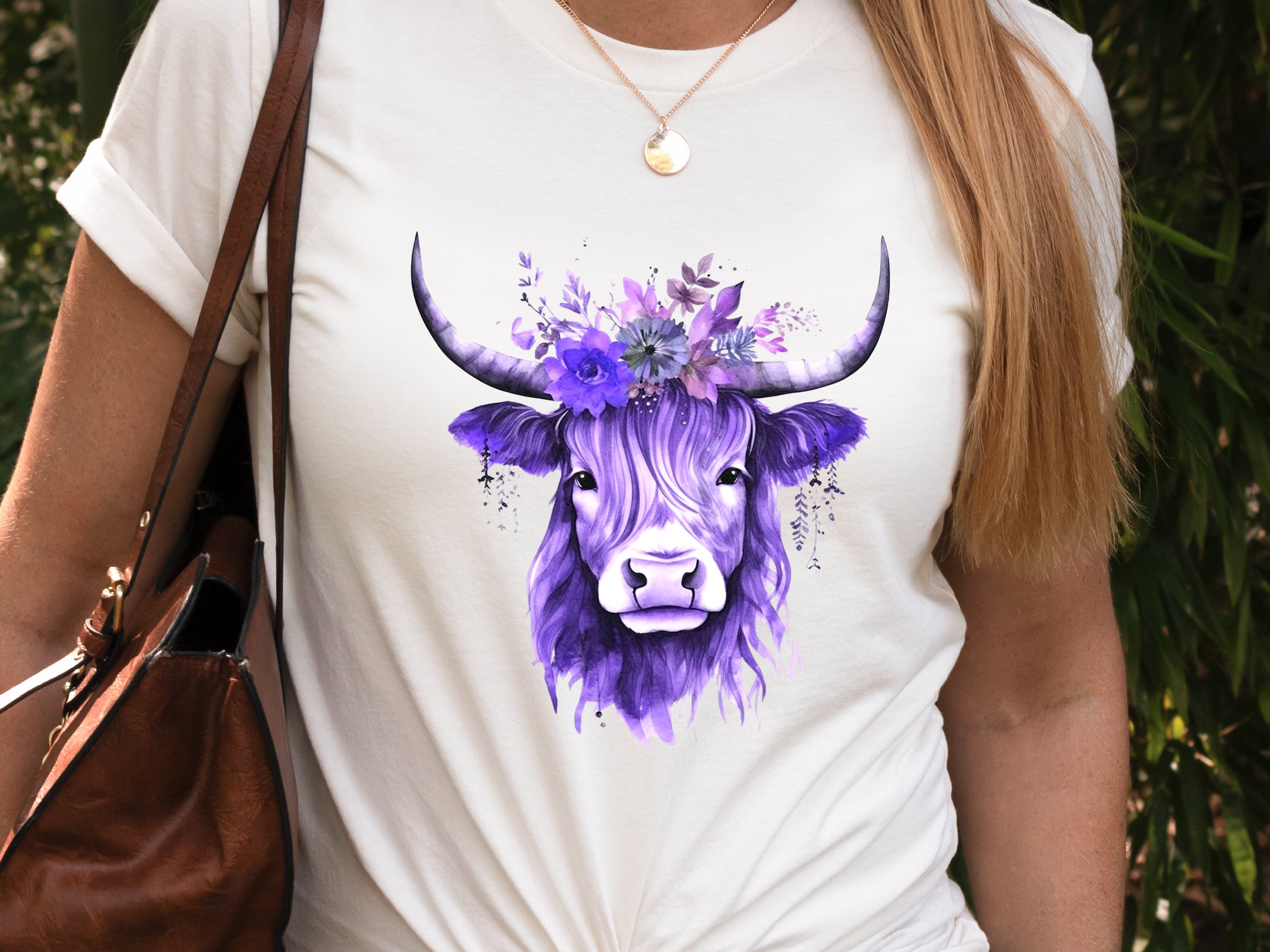 Highland Cow Shirt Hairy Scottish Heilan Coo with Purple Flowers in her Hair Watercolour Art T-Shirt Nature Scotland Gift Floral Crown Tee - View 8