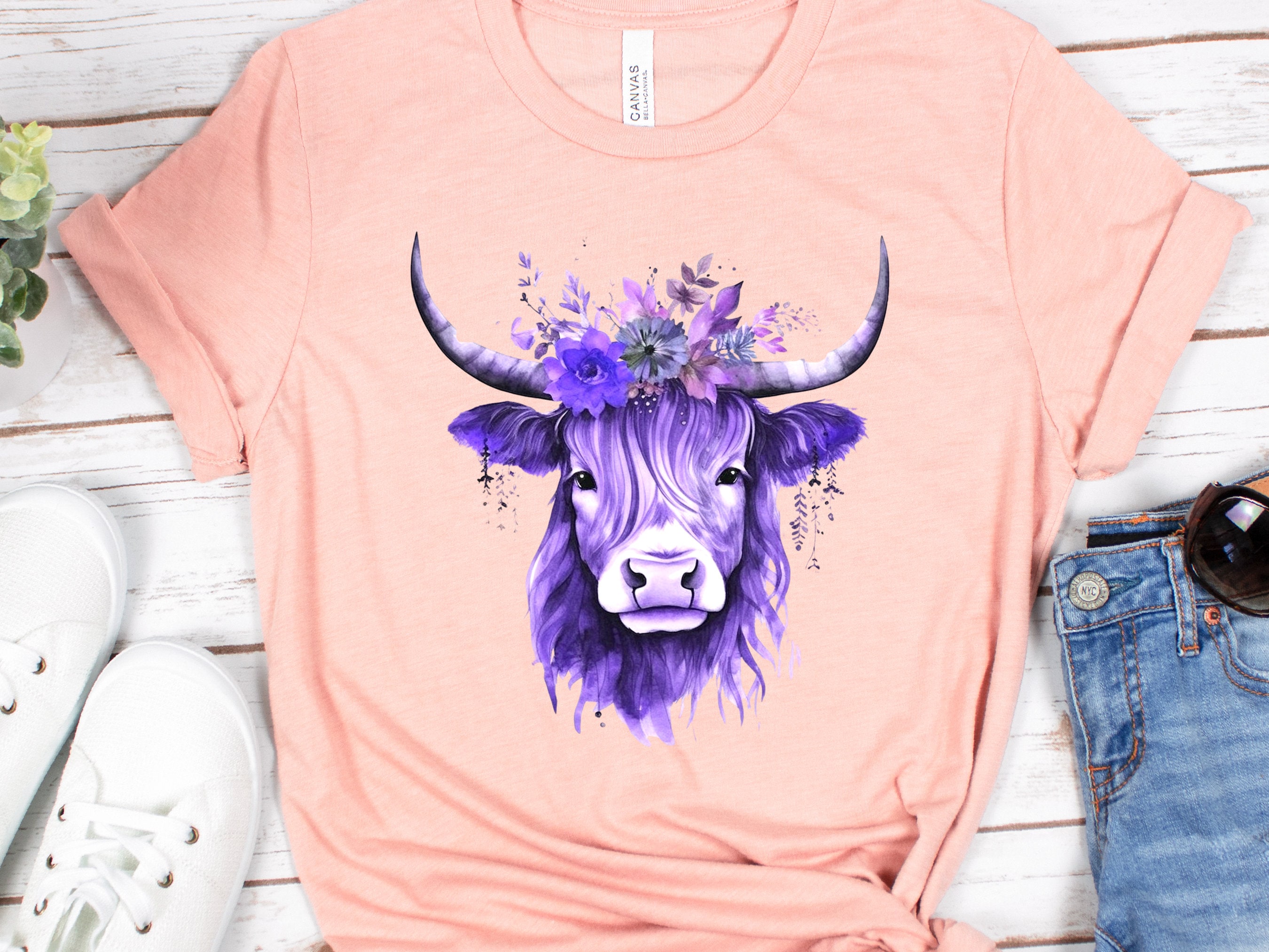 Highland Cow Shirt Hairy Scottish Heilan Coo with Purple Flowers in her Hair Watercolour Art T-Shirt Nature Scotland Gift Floral Crown Tee - View 4