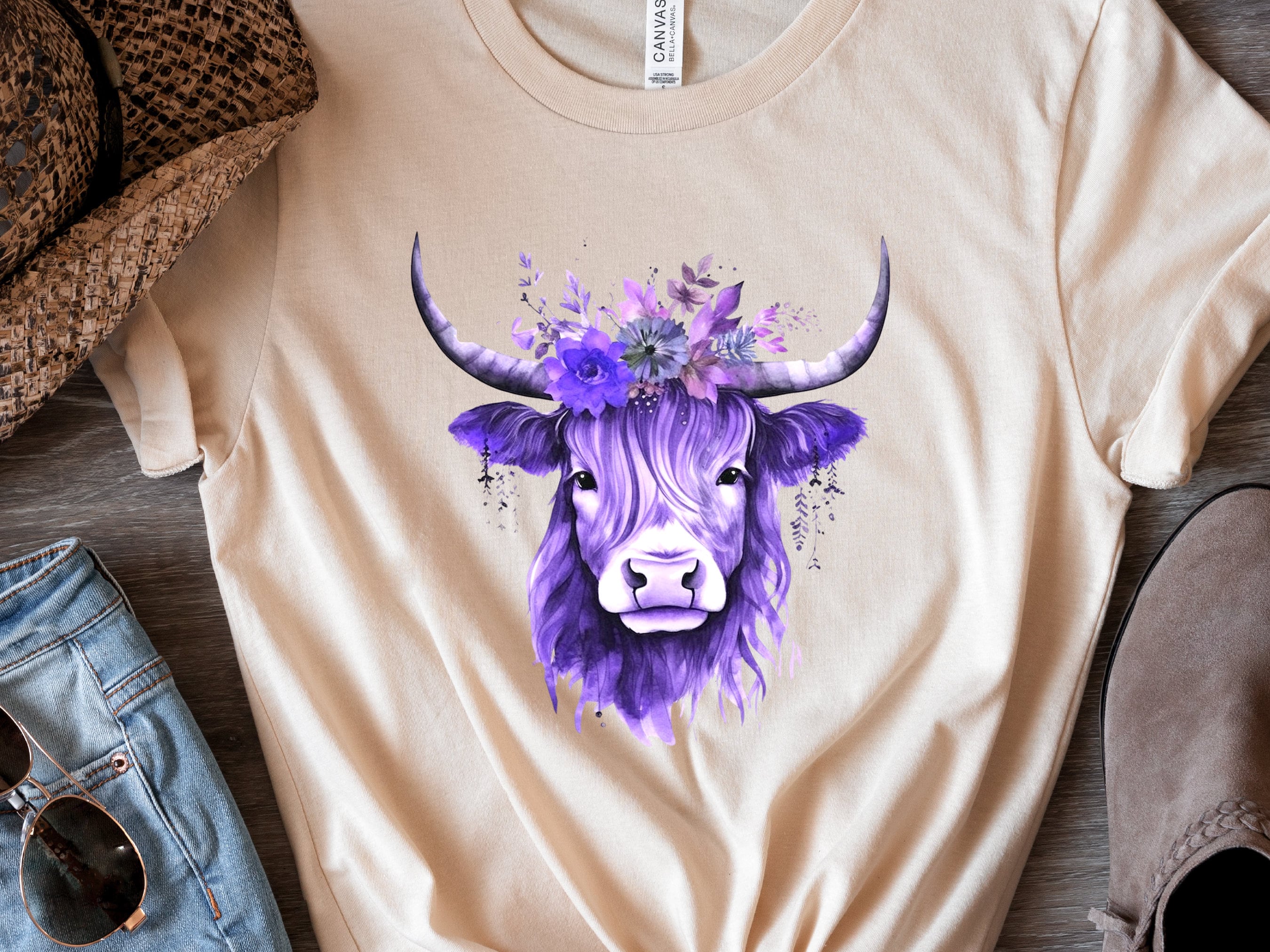 Highland Cow Shirt Hairy Scottish Heilan Coo with Purple Flowers in her Hair Watercolour Art T-Shirt Nature Scotland Gift Floral Crown Tee