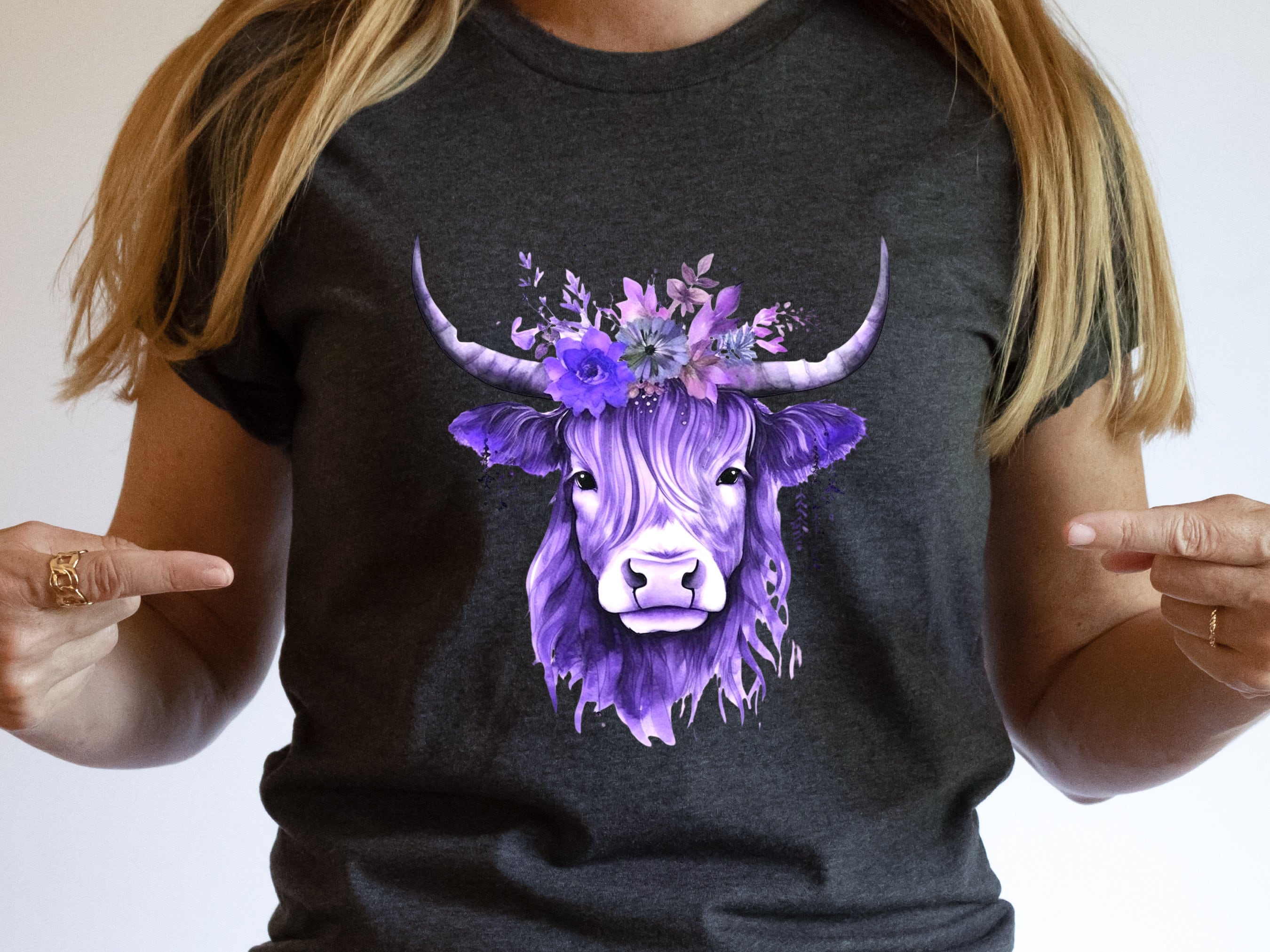 Highland Cow Shirt Hairy Scottish Heilan Coo with Purple Flowers in her Hair Watercolour Art T-Shirt Nature Scotland Gift Floral Crown Tee - View 7