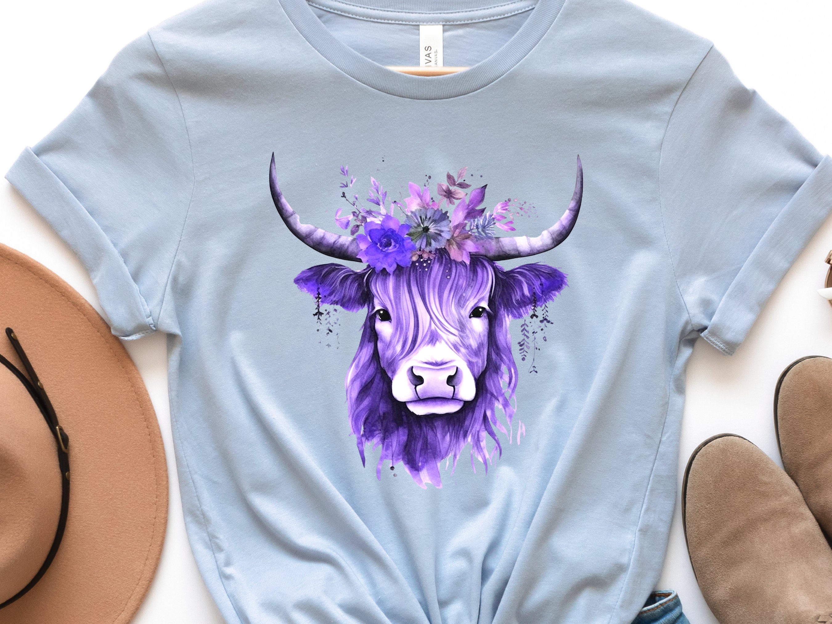 Highland Cow Shirt Hairy Scottish Heilan Coo with Purple Flowers in her Hair Watercolour Art T-Shirt Nature Scotland Gift Floral Crown Tee - View 5