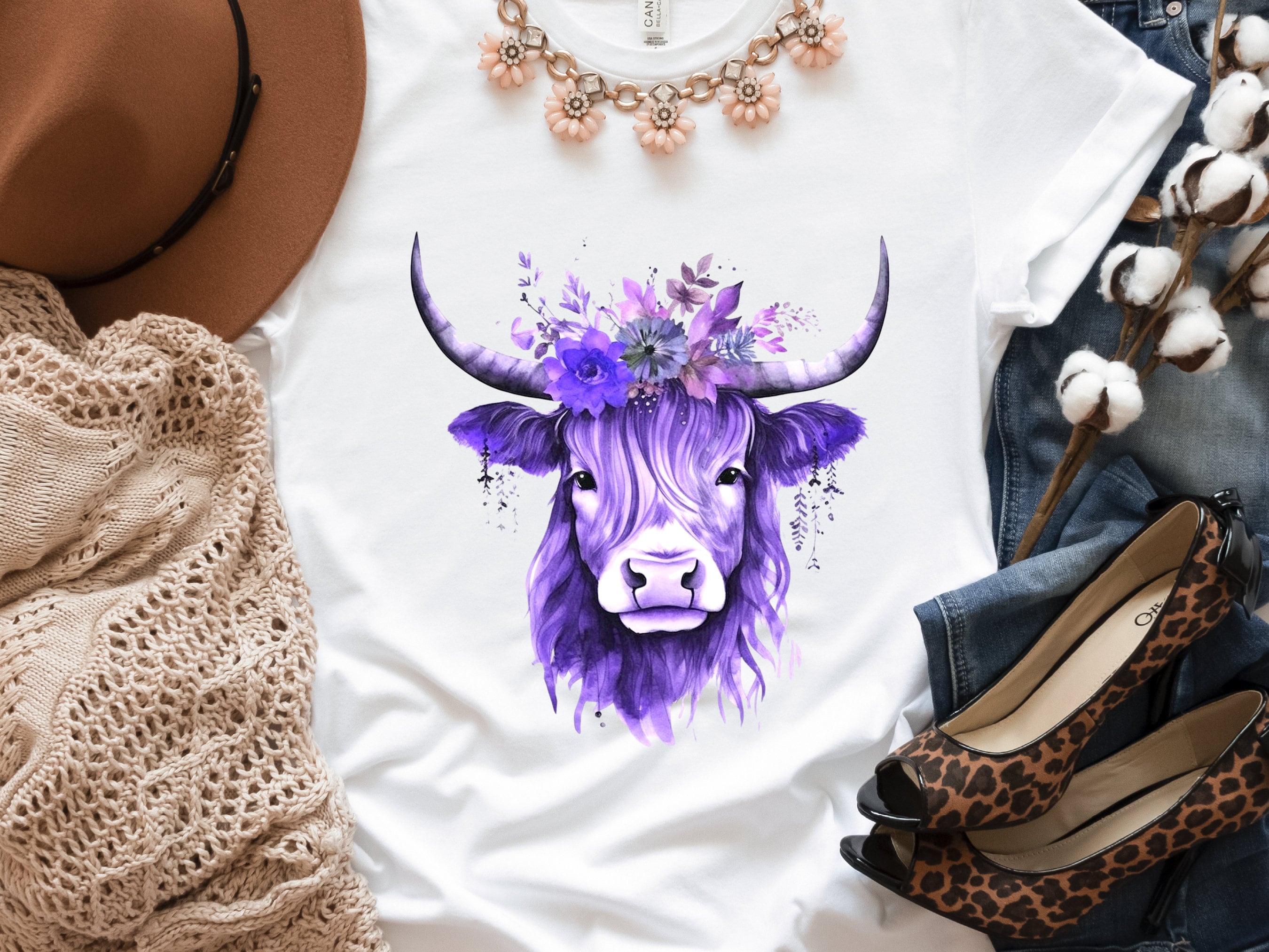 Highland Cow Shirt Hairy Scottish Heilan Coo with Purple Flowers in her Hair Watercolour Art T-Shirt Nature Scotland Gift Floral Crown Tee - View 6