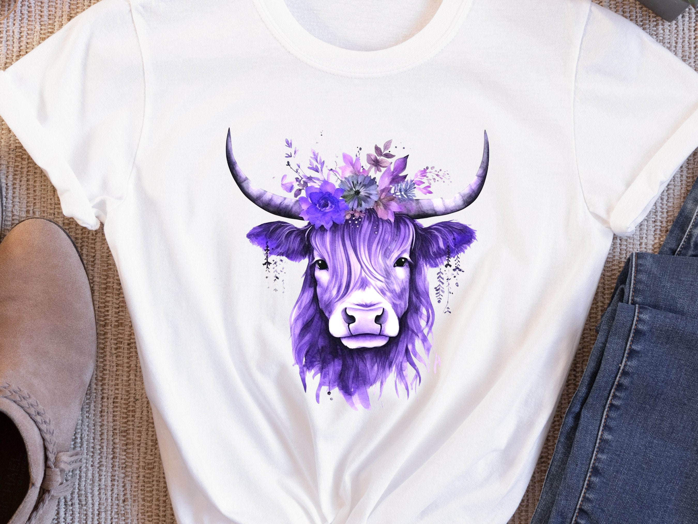 Highland Cow Shirt Hairy Scottish Heilan Coo with Purple Flowers in her Hair Watercolour Art T-Shirt Nature Scotland Gift Floral Crown Tee - View 3