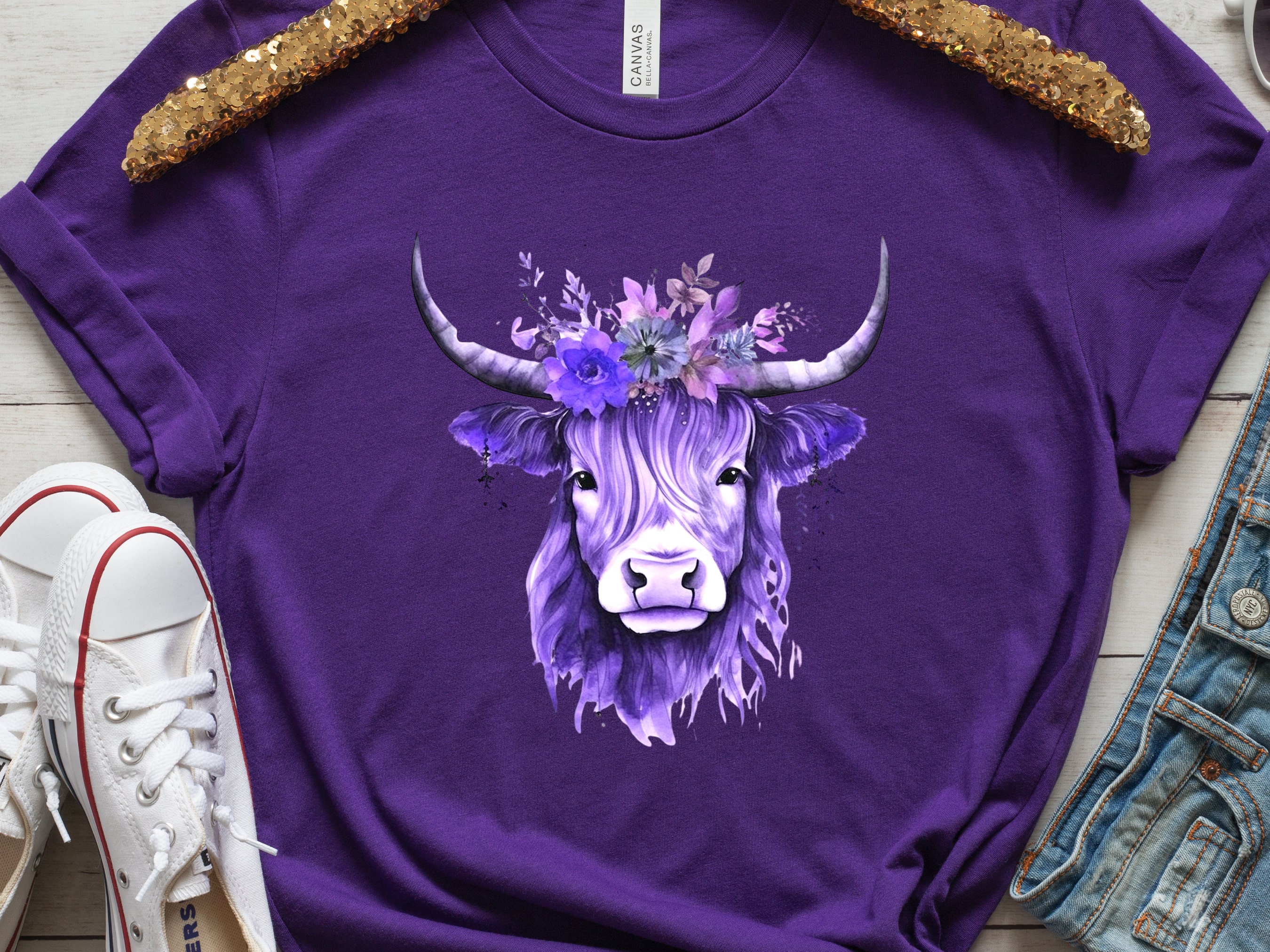 Highland Cow Shirt Hairy Scottish Heilan Coo with Purple Flowers in her Hair Watercolour Art T-Shirt Nature Scotland Gift Floral Crown Tee - View 2