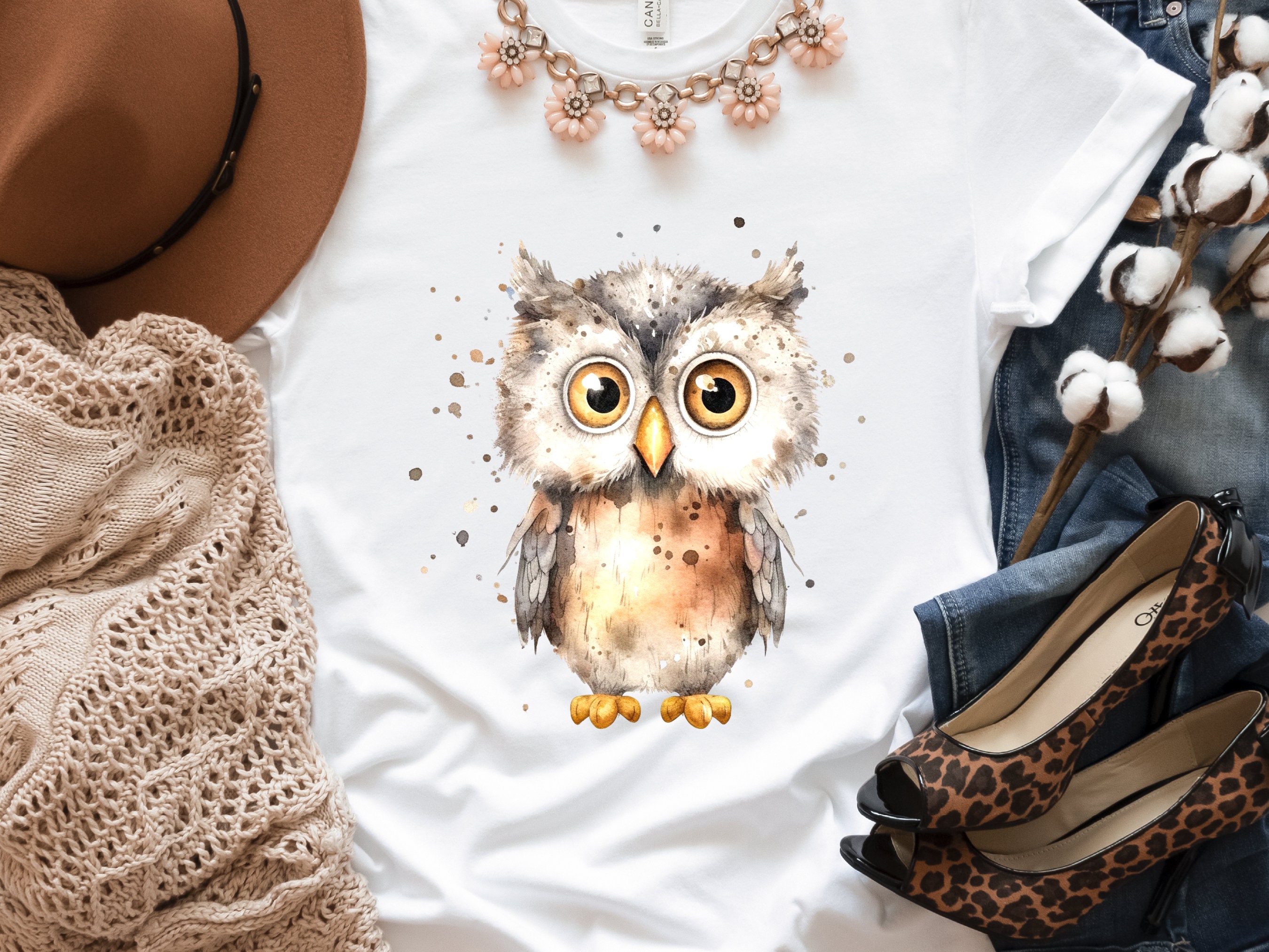 Cute Owl Shirt Messy Watercolour T-Shirt Brown Neutral Tones Funny Bird Watchers Gift for Owl Lovers Adorable Ornithology Tee Sustainable - View 6