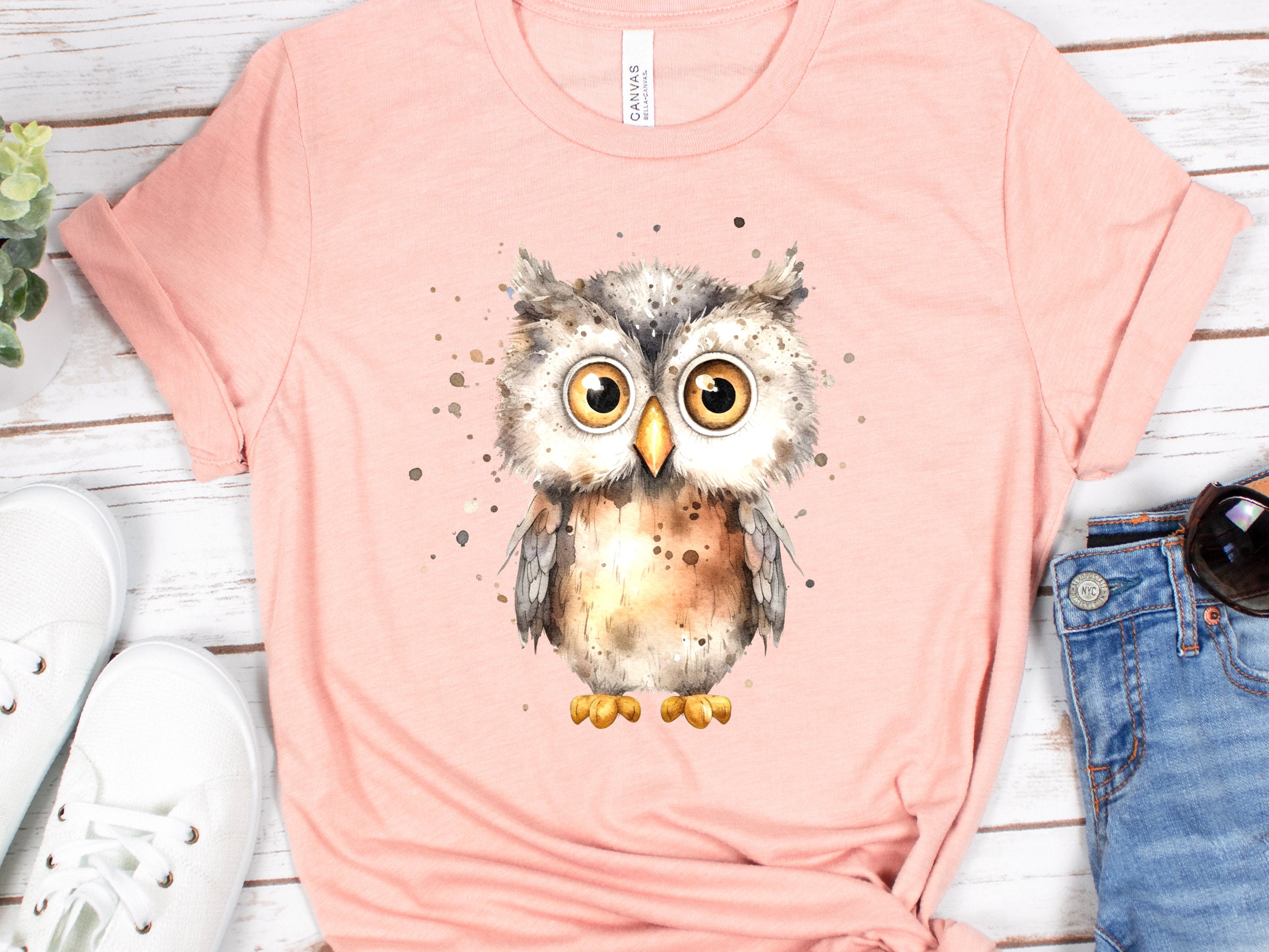 Cute Owl Shirt Messy Watercolour T-Shirt Brown Neutral Tones Funny Bird Watchers Gift for Owl Lovers Adorable Ornithology Tee Sustainable - View 7