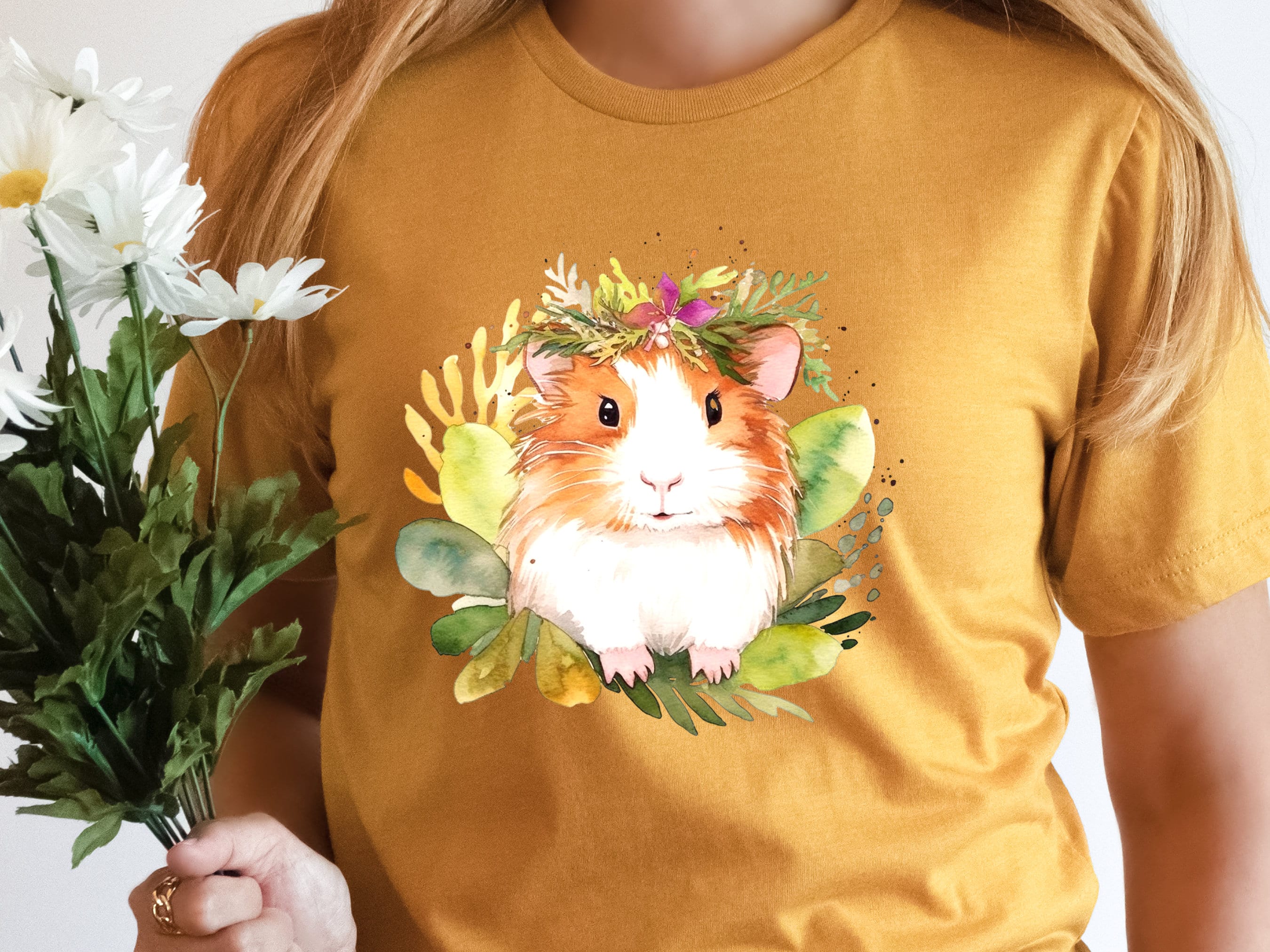 Guinea Pig Shirt with Pink and Green Floral Crown Boho Watercolour T-Shirt Design Cute Animal Art Owners Cavy Lovers Gift for Her Birthday - View 7