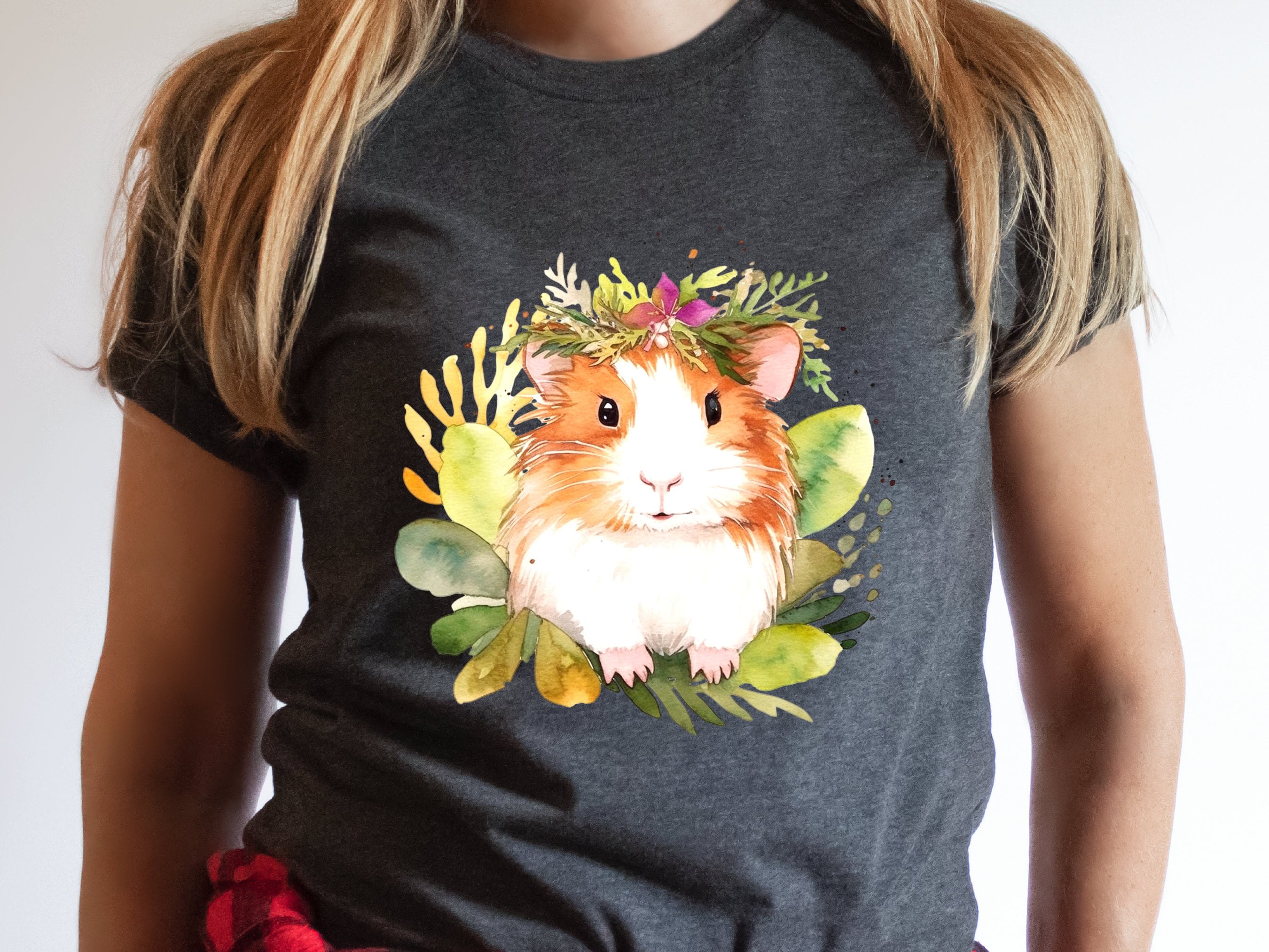 Guinea Pig Shirt with Pink and Green Floral Crown Boho Watercolour T-Shirt Design Cute Animal Art Owners Cavy Lovers Gift for Her Birthday - View 4