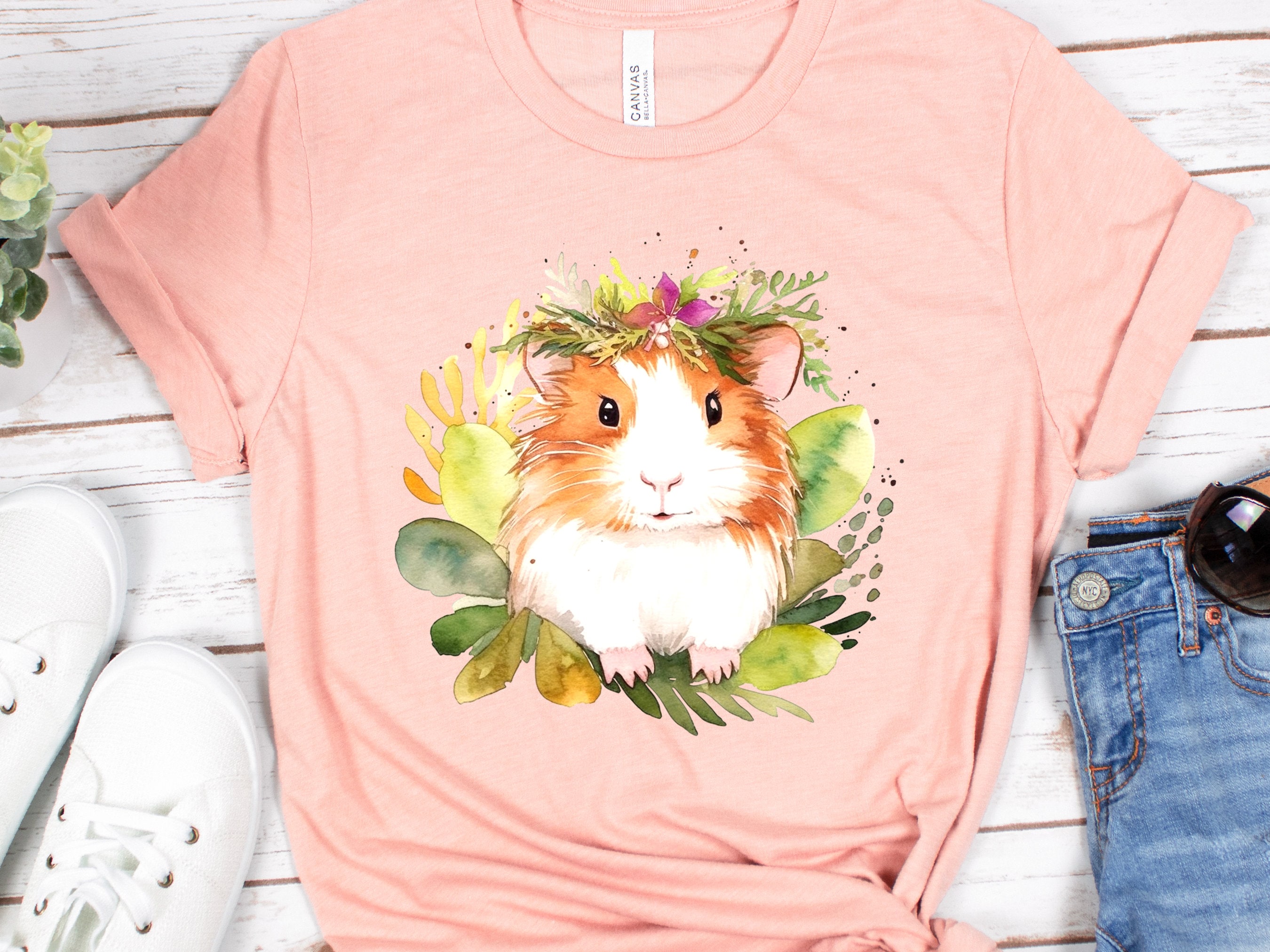 Guinea Pig Shirt with Pink and Green Floral Crown Boho Watercolour T-Shirt Design Cute Animal Art Owners Cavy Lovers Gift for Her Birthday - View 6