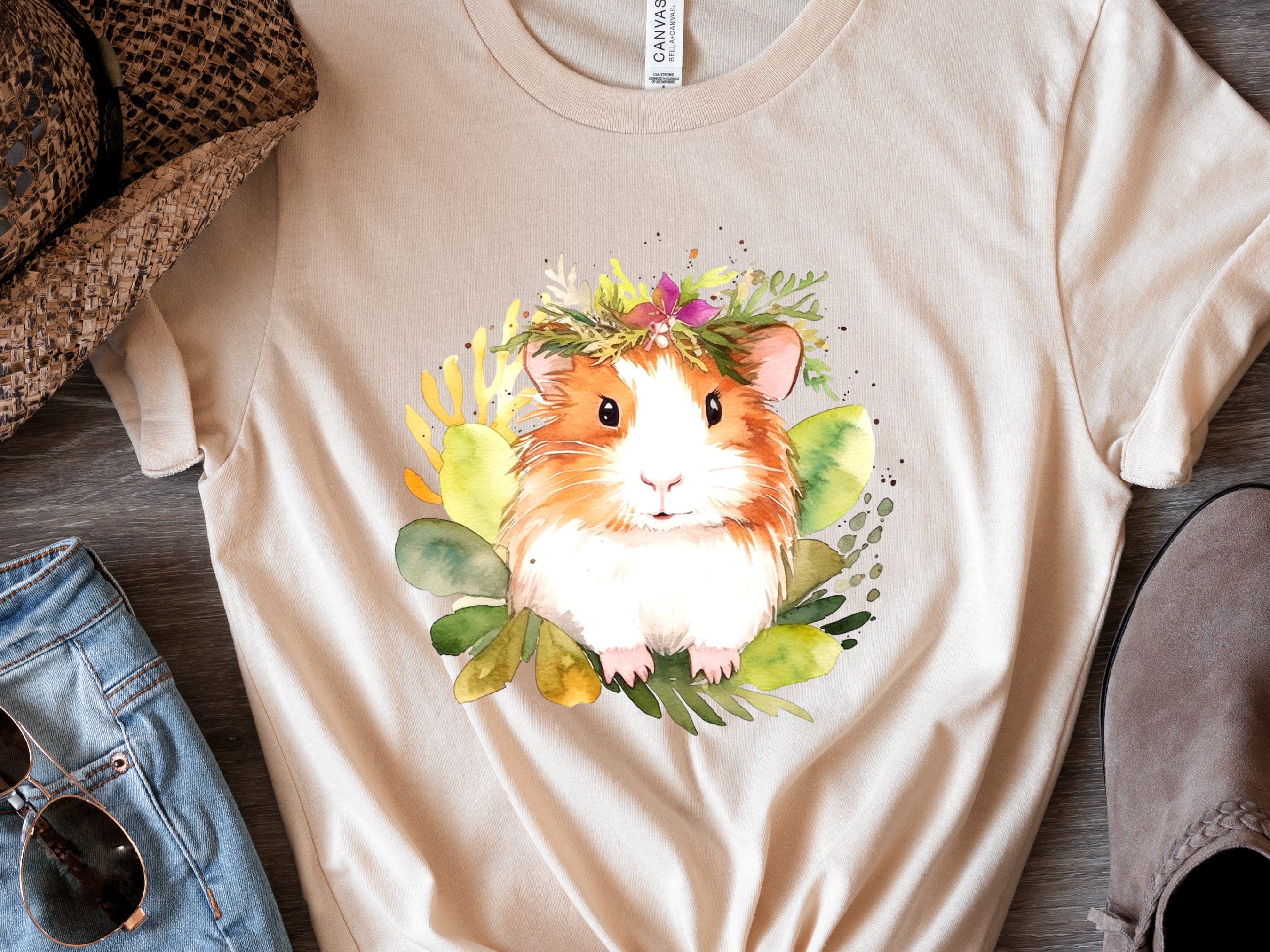 Guinea Pig Shirt with Pink and Green Floral Crown Boho Watercolour T-Shirt Design Cute Animal Art Owners Cavy Lovers Gift for Her Birthday - View 5