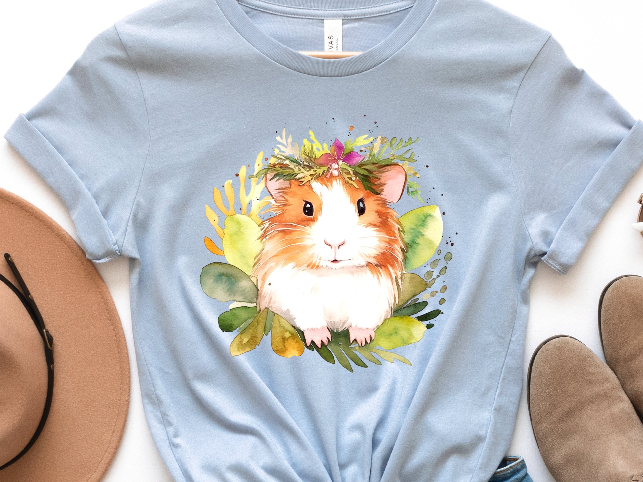 Guinea Pig Shirt with Pink and Green Floral Crown Boho Watercolour T-Shirt Design Cute Animal Art Owners Cavy Lovers Gift for Her Birthday - View 3