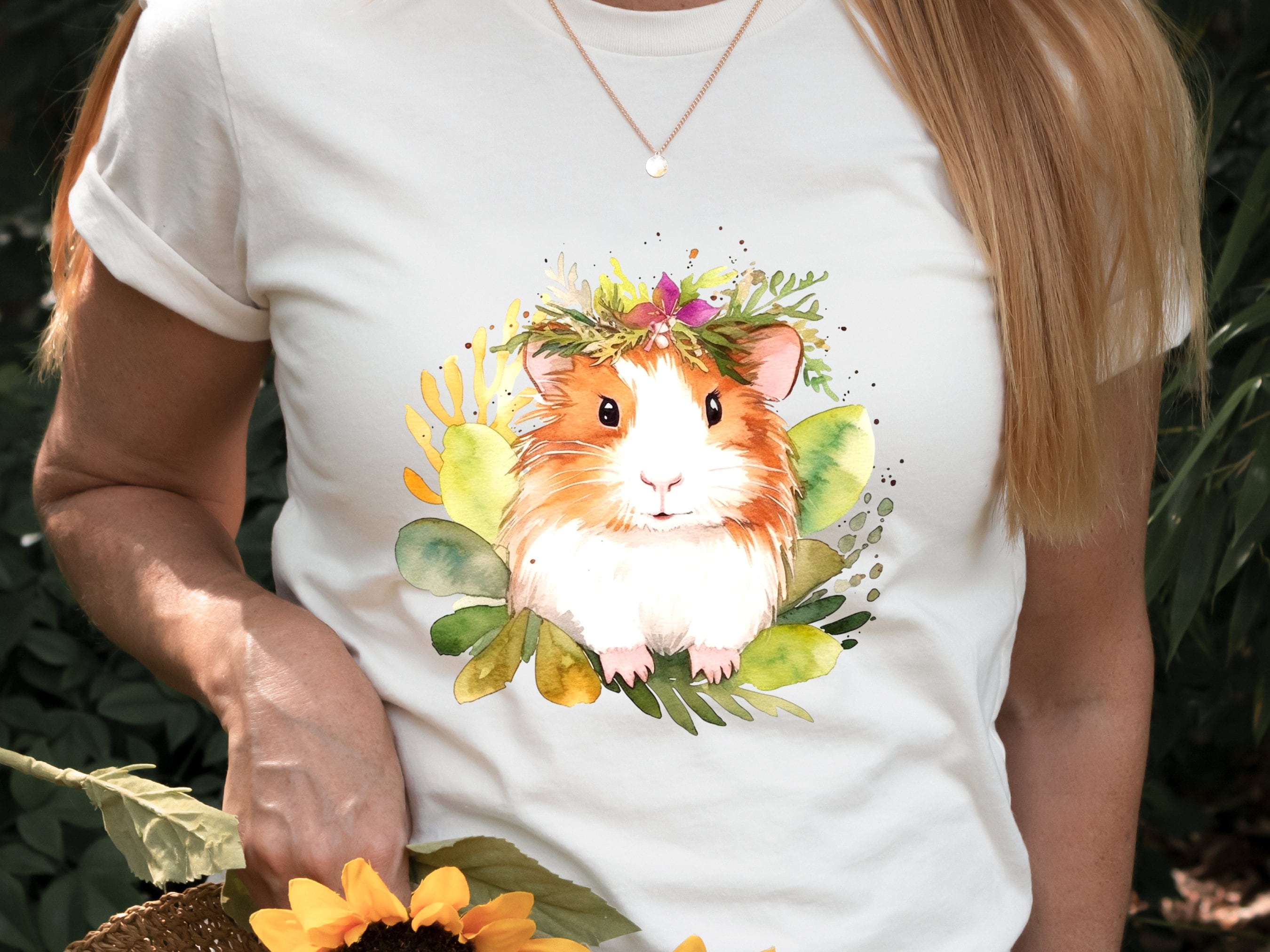 Guinea Pig Shirt with Pink and Green Floral Crown Boho Watercolour T-Shirt Design Cute Animal Art Owners Cavy Lovers Gift for Her Birthday - View 8