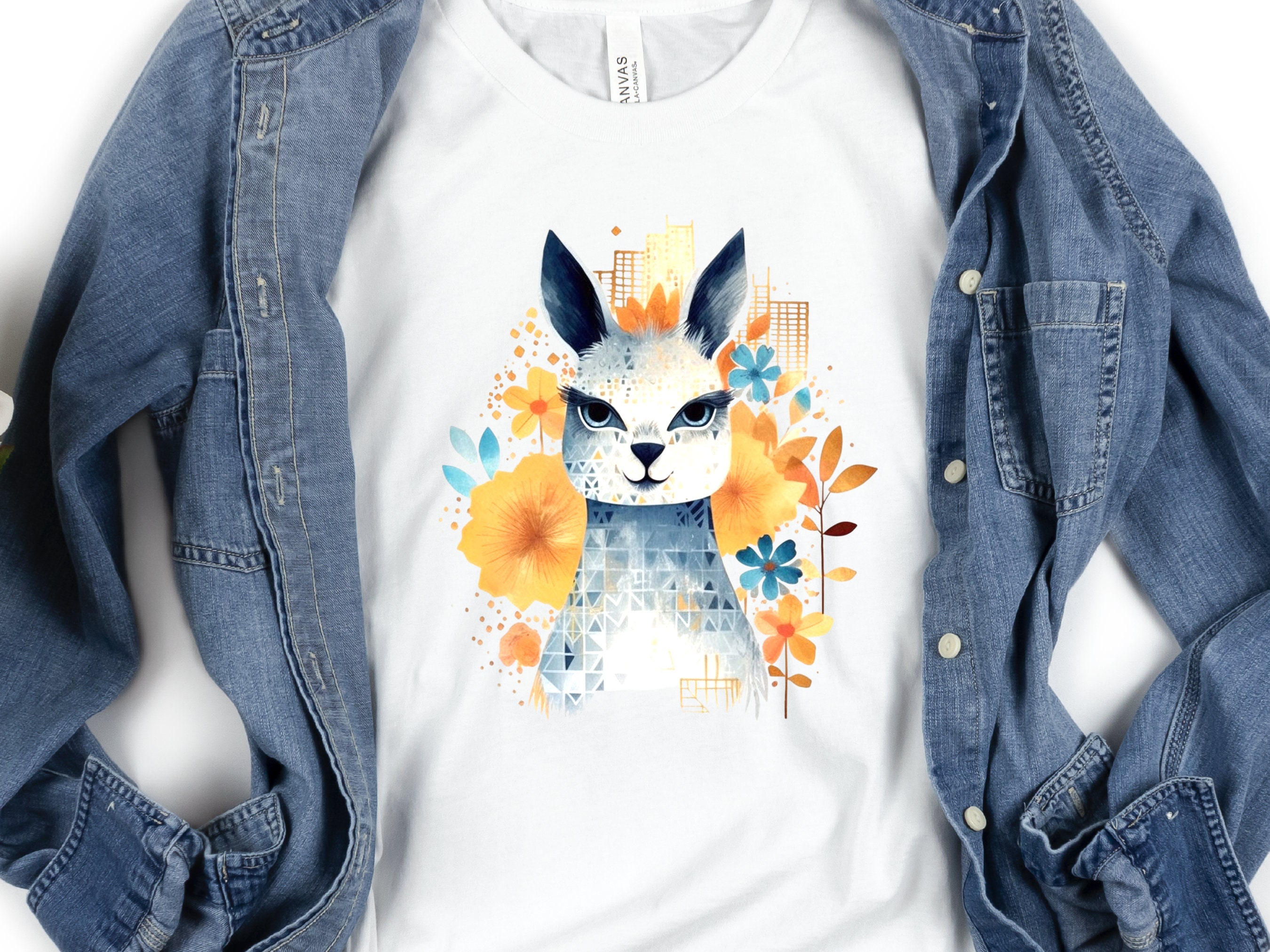 Llama T-shirt Cute Watercolour Shirt Unique Urban Boho Style Blue with Orange Flowers Art Artistic Golden City Skyline Floral Geometric Tee