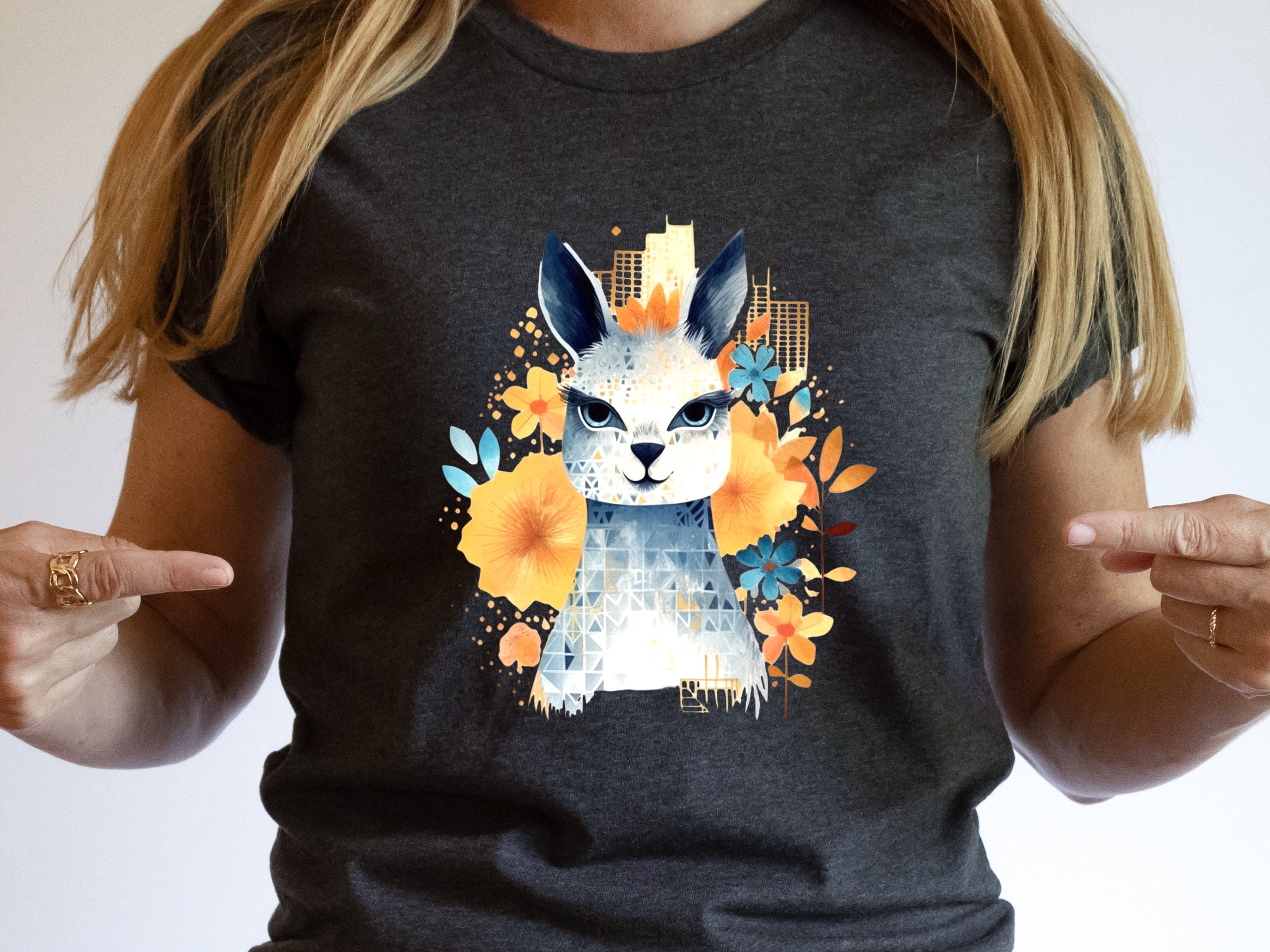 Llama T-shirt Cute Watercolour Shirt Unique Urban Boho Style Blue with Orange Flowers Art Artistic Golden City Skyline Floral Geometric Tee - View 2