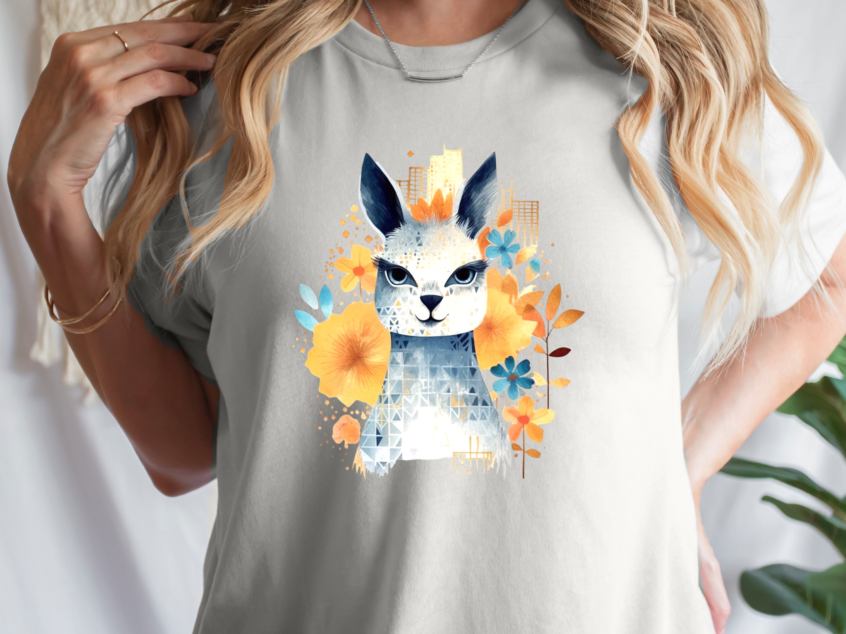 Llama T-shirt Cute Watercolour Shirt Unique Urban Boho Style Blue with Orange Flowers Art Artistic Golden City Skyline Floral Geometric Tee - View 3