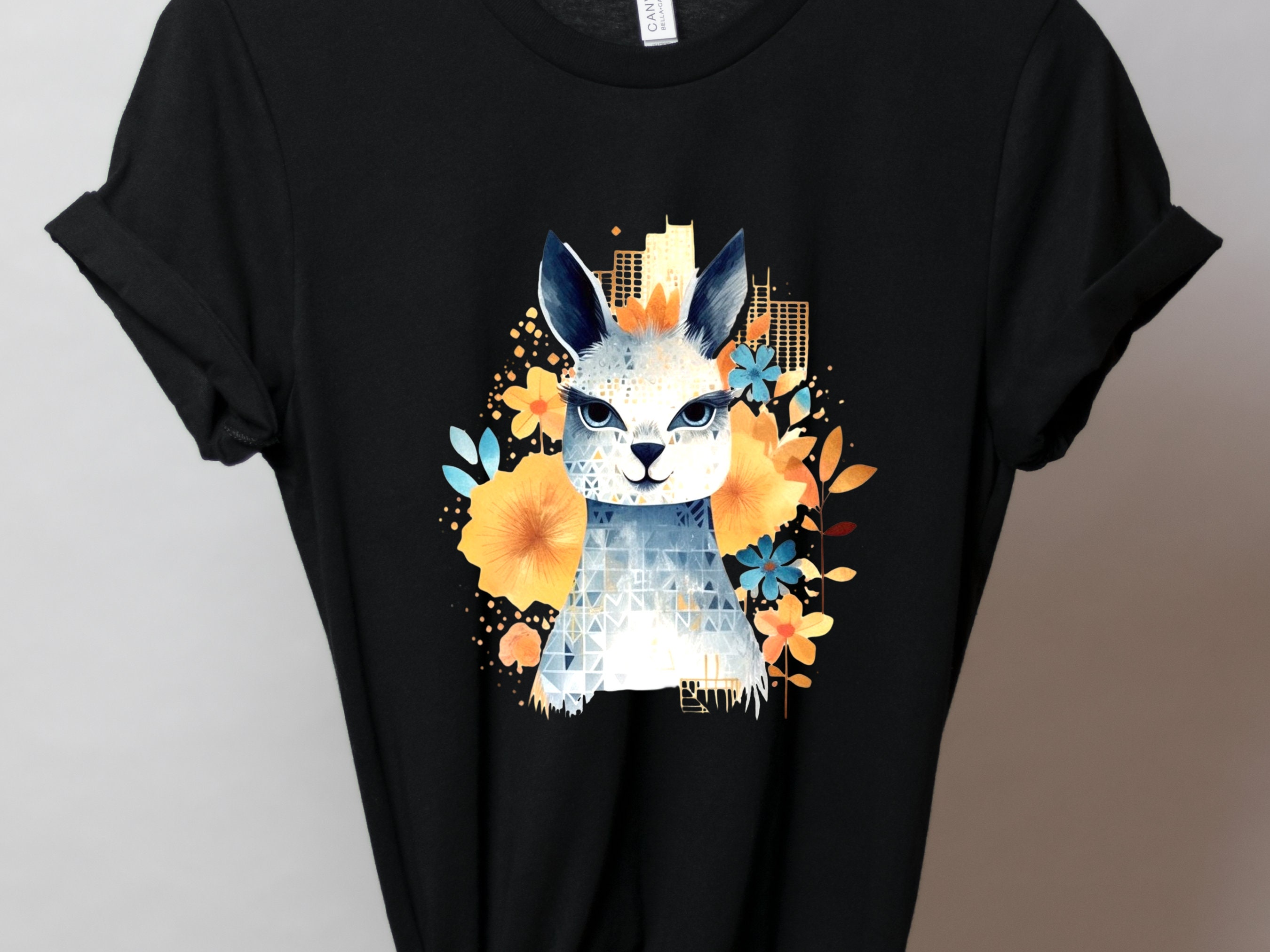 Llama T-shirt Cute Watercolour Shirt Unique Urban Boho Style Blue with Orange Flowers Art Artistic Golden City Skyline Floral Geometric Tee - View 4