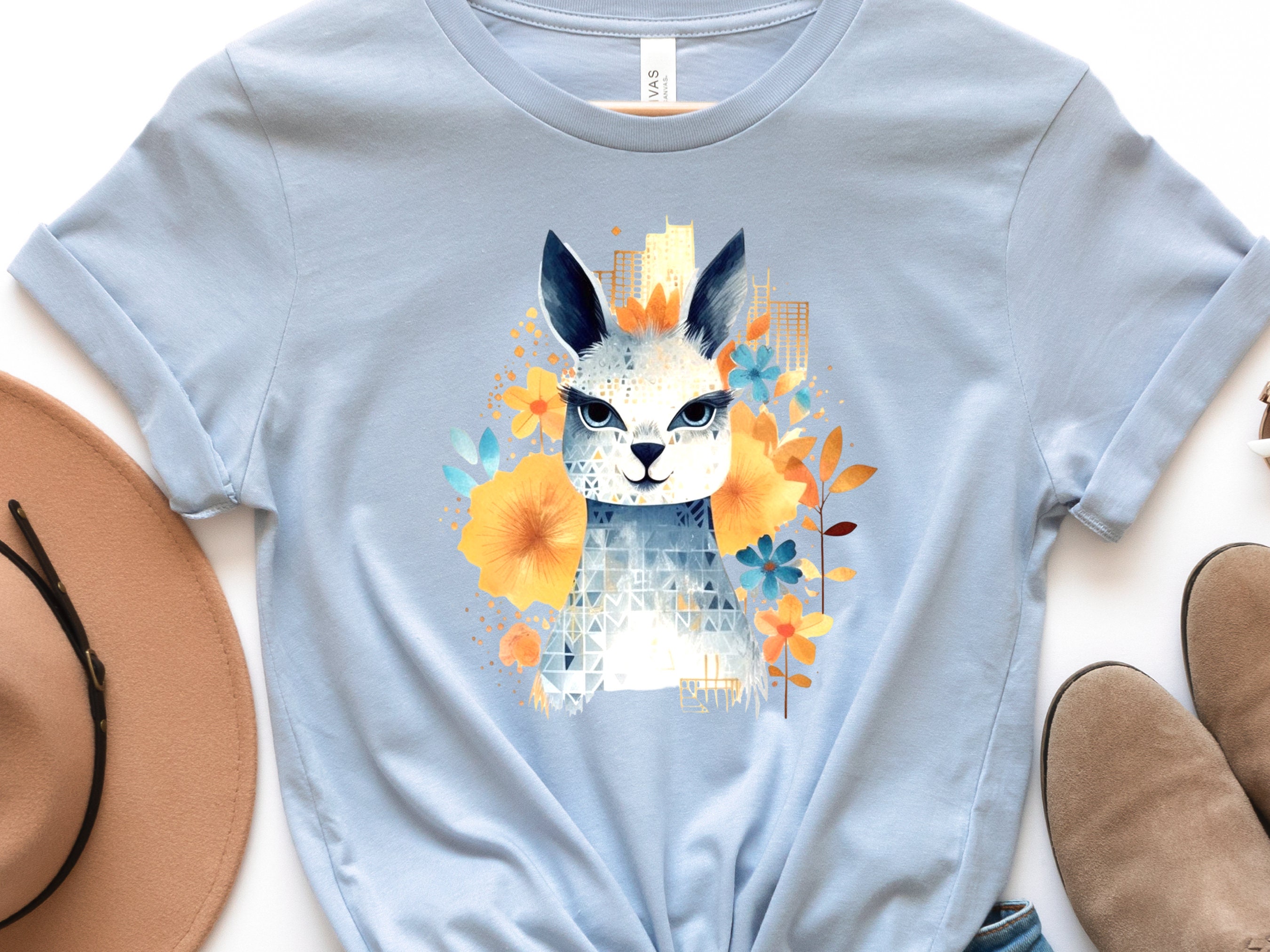 Llama T-shirt Cute Watercolour Shirt Unique Urban Boho Style Blue with Orange Flowers Art Artistic Golden City Skyline Floral Geometric Tee - View 5