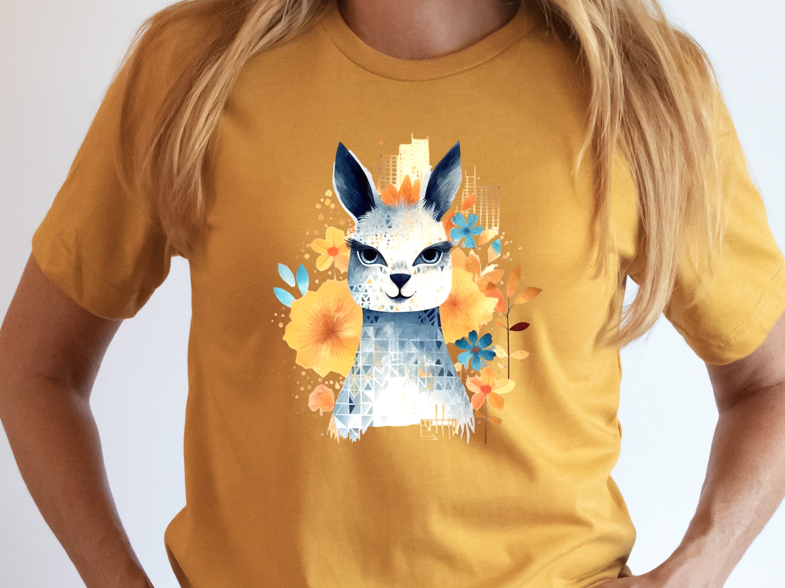 Llama T-shirt Cute Watercolour Shirt Unique Urban Boho Style Blue with Orange Flowers Art Artistic Golden City Skyline Floral Geometric Tee - View 6