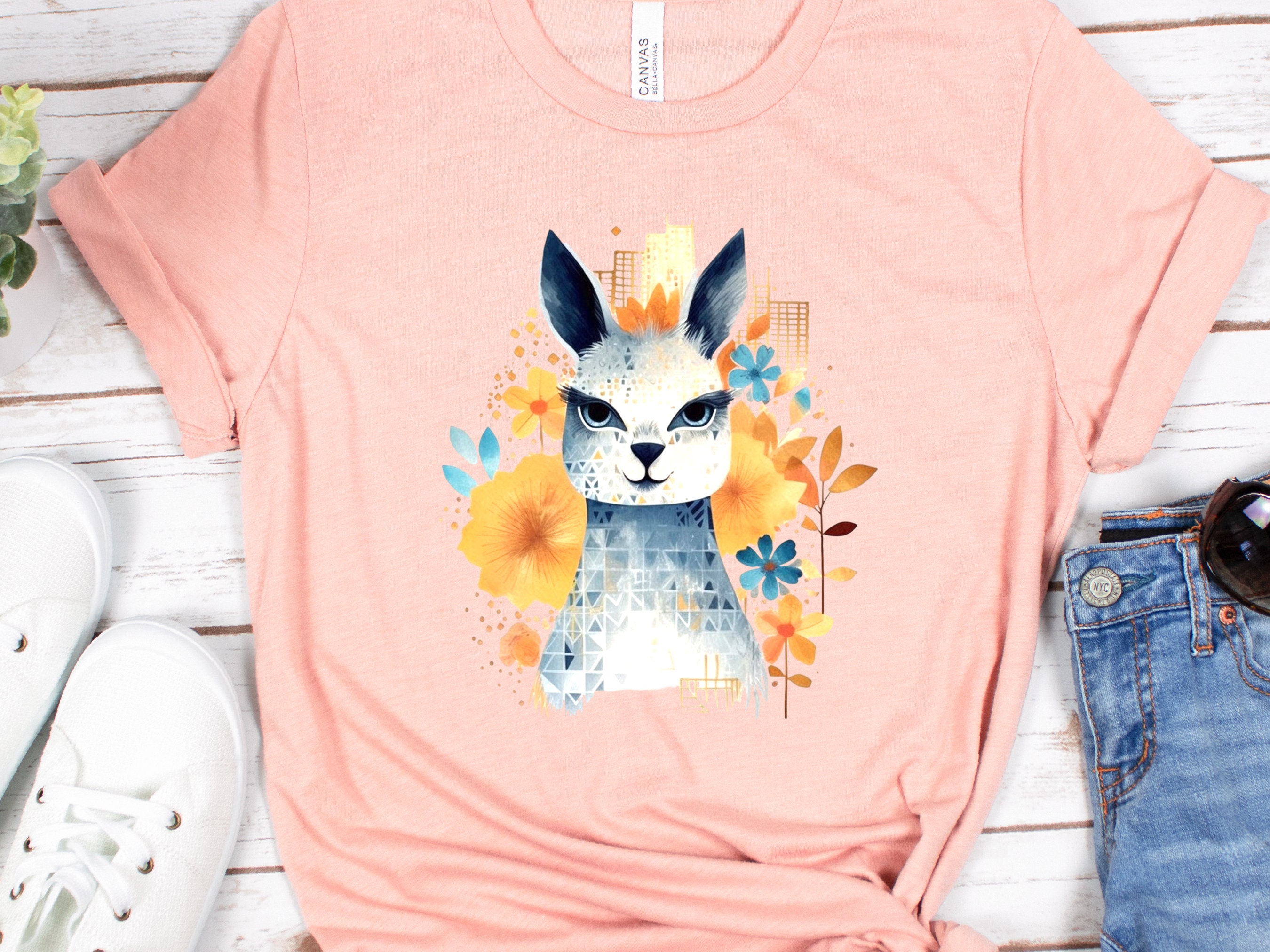 Llama T-shirt Cute Watercolour Shirt Unique Urban Boho Style Blue with Orange Flowers Art Artistic Golden City Skyline Floral Geometric Tee - View 7