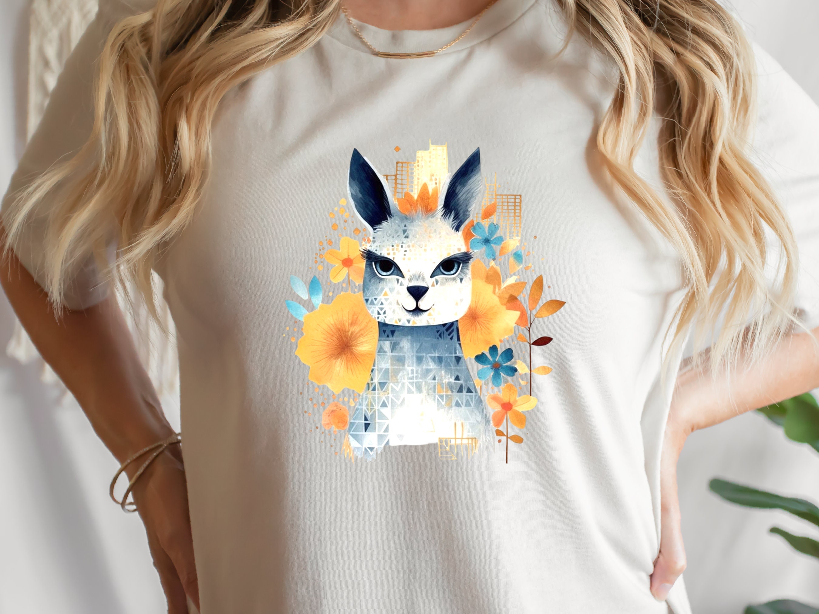 Llama T-shirt Cute Watercolour Shirt Unique Urban Boho Style Blue with Orange Flowers Art Artistic Golden City Skyline Floral Geometric Tee - View 8