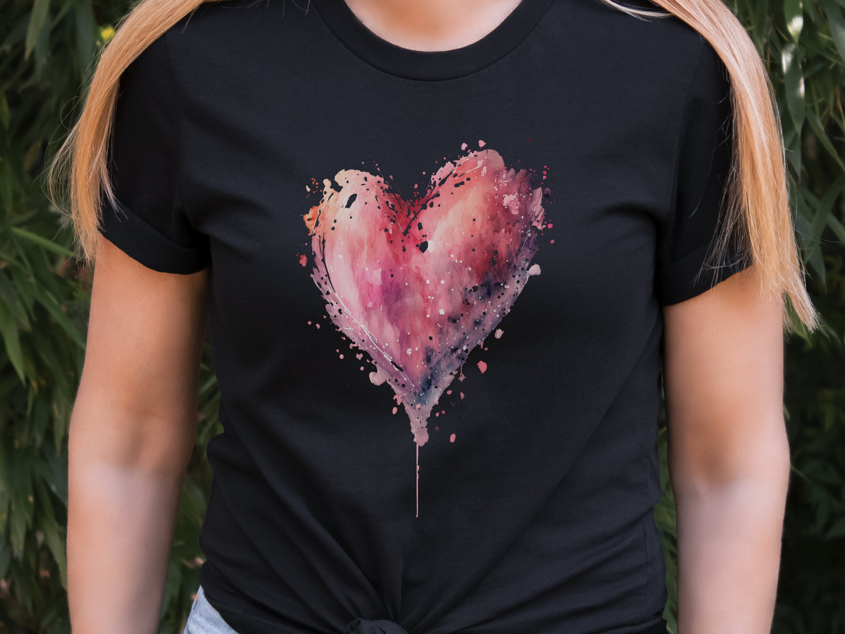 Dripping Watercolour Pink Heart Pink Love Art T-Shirt Paint Splatter Splash Romantic Gift Messy Artistic Fashion Expressive Style Painting - View 2