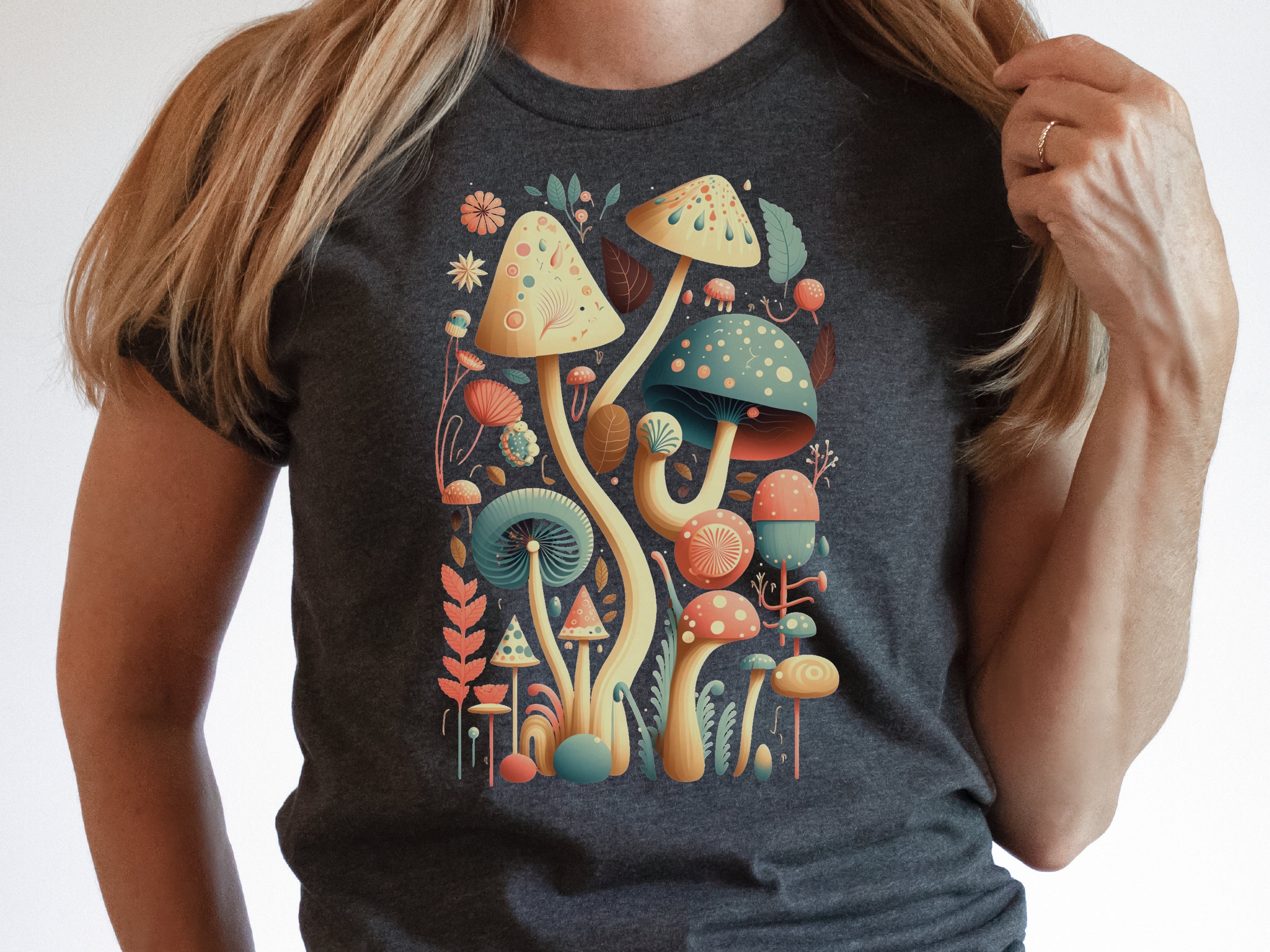 Dark Academia Botanical Mushroom Tee Enchanting Nature Lovers Intellectual Style Literature Inspired Design Whimsical Toadstools Aesthetic - View 3