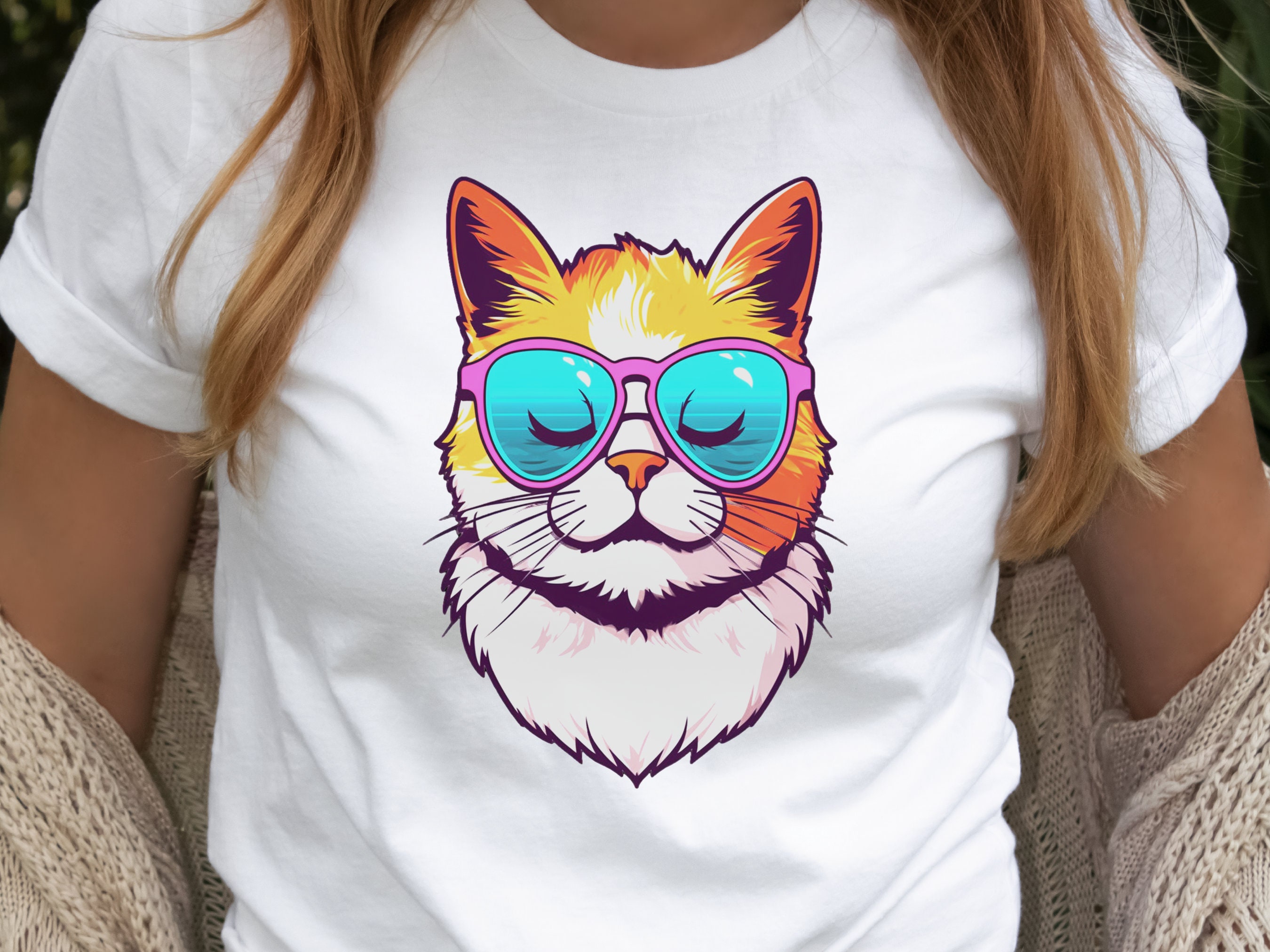 Summer Cat T-shirt Cool Kitty in Sunglasses Shirt Relaxed Vibes Cute Calm Sun Beach Lover Sun-Kissed Feline Sunbathing Bliss Sunshine Tee - View 8