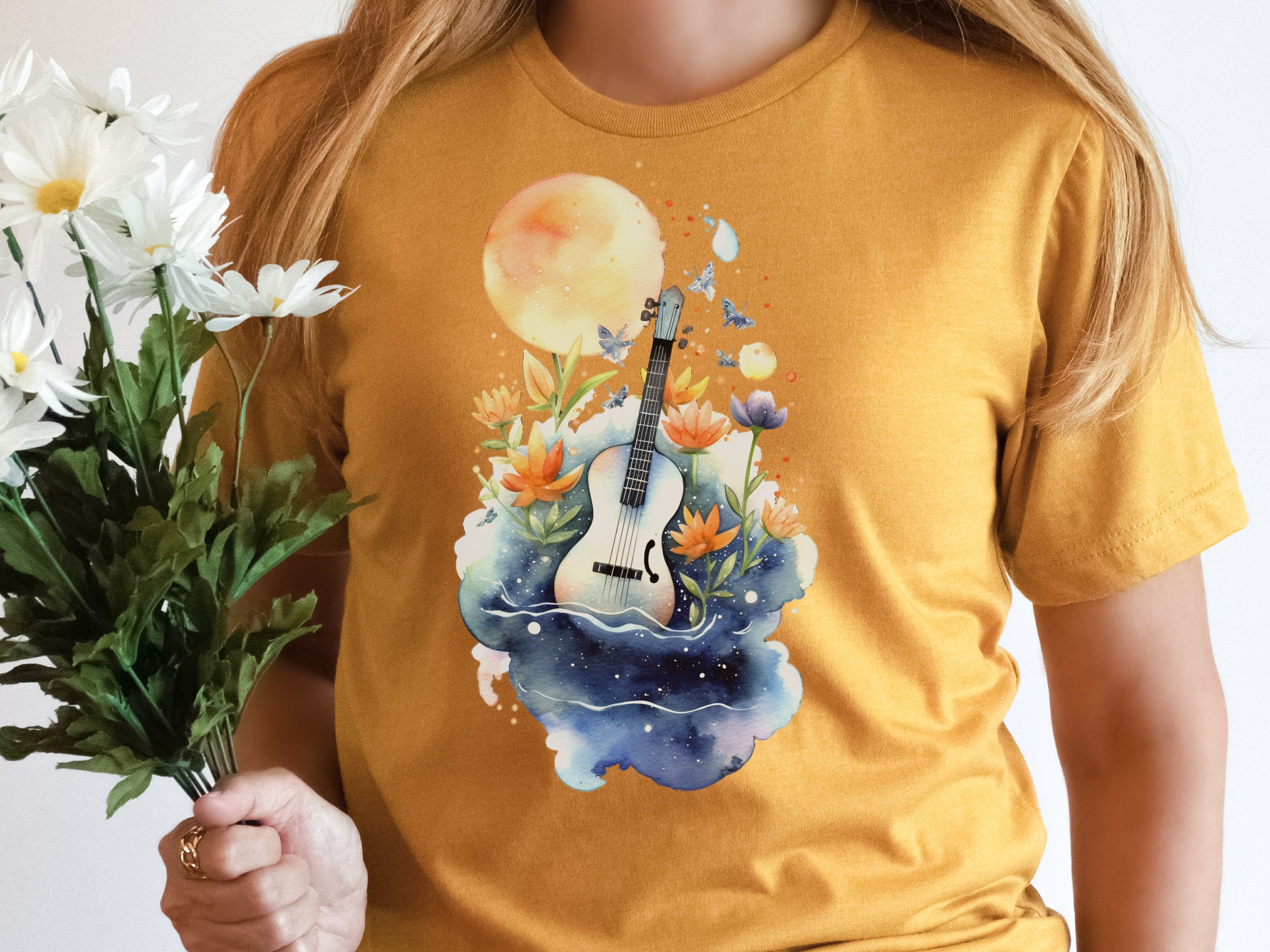 Guitar Shirt Whimsical Watercolour Moon Tee Floral Flowers Music Nature Lovers Artistic Cute Celestial T-Shirt Gift for Musicians Guitarists - View 2