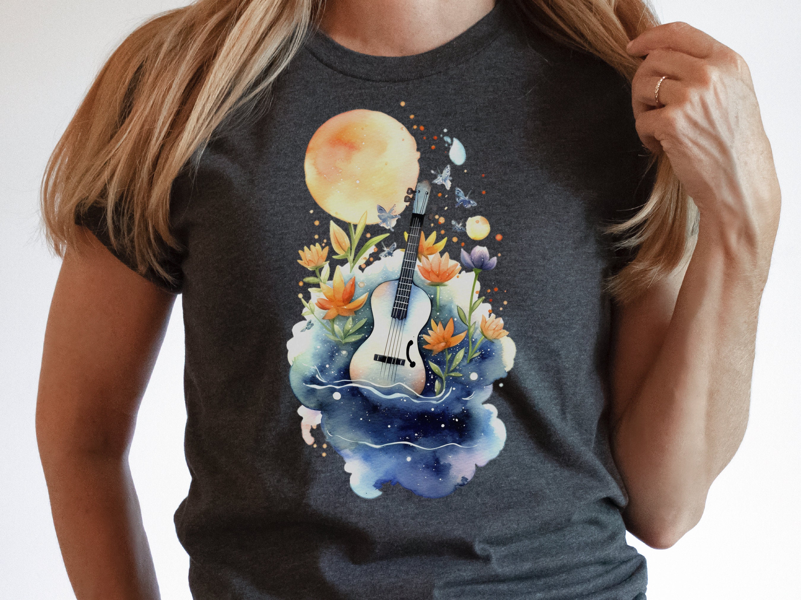 Guitar Shirt Whimsical Watercolour Moon Tee Floral Flowers Music Nature Lovers Artistic Cute Celestial T-Shirt Gift for Musicians Guitarists - View 3