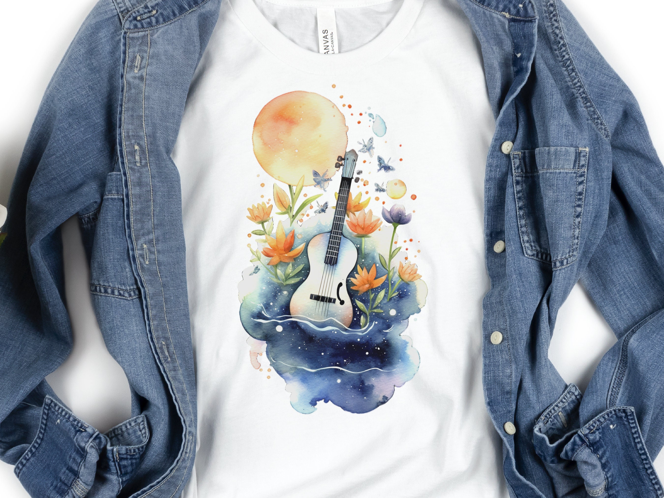 Guitar Shirt Whimsical Watercolour Moon Tee Floral Flowers Music Nature Lovers Artistic Cute Celestial T-Shirt Gift for Musicians Guitarists - View 4