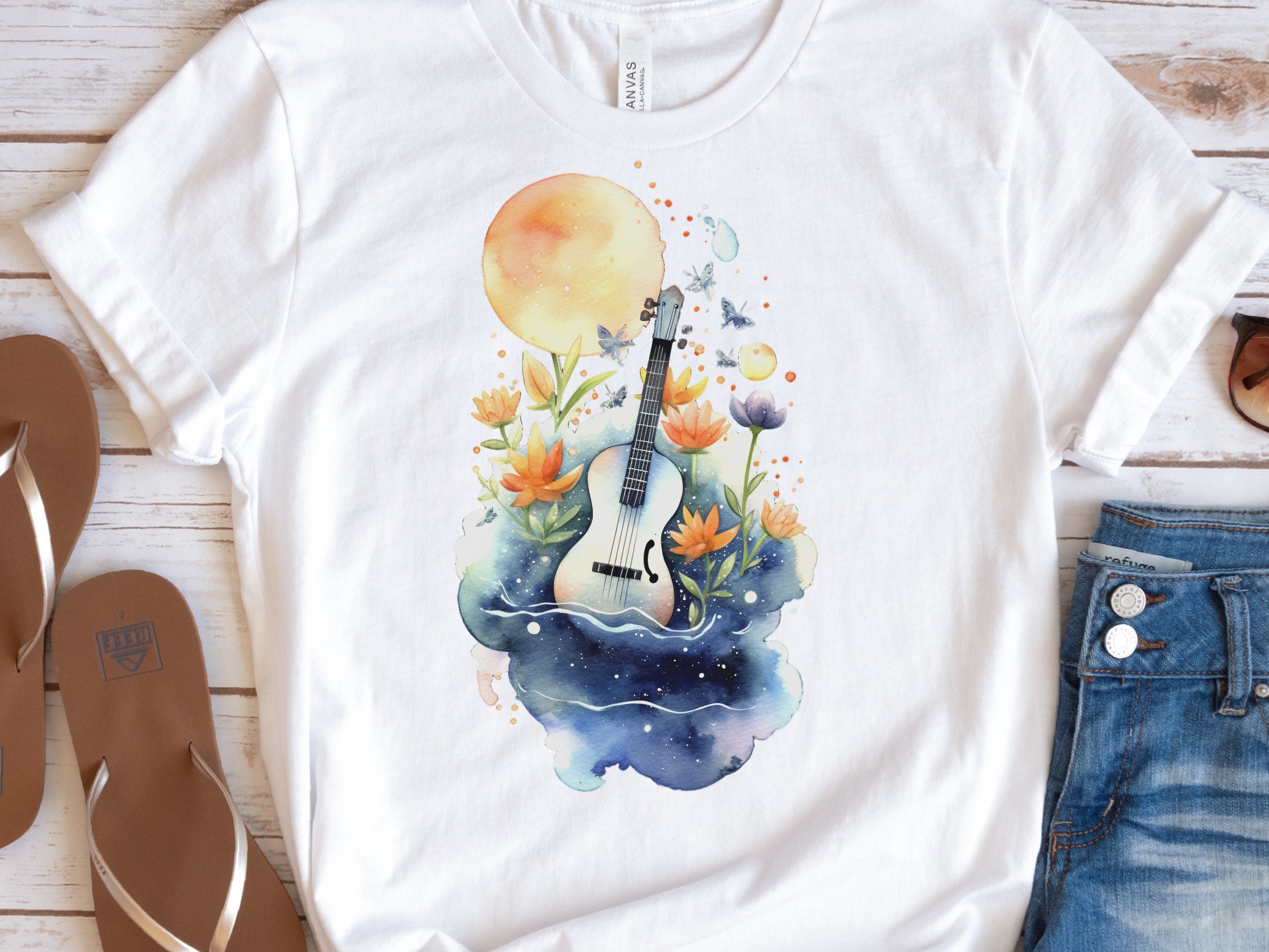 Guitar Shirt Whimsical Watercolour Moon Tee Floral Flowers Music Nature Lovers Artistic Cute Celestial T-Shirt Gift for Musicians Guitarists - View 5