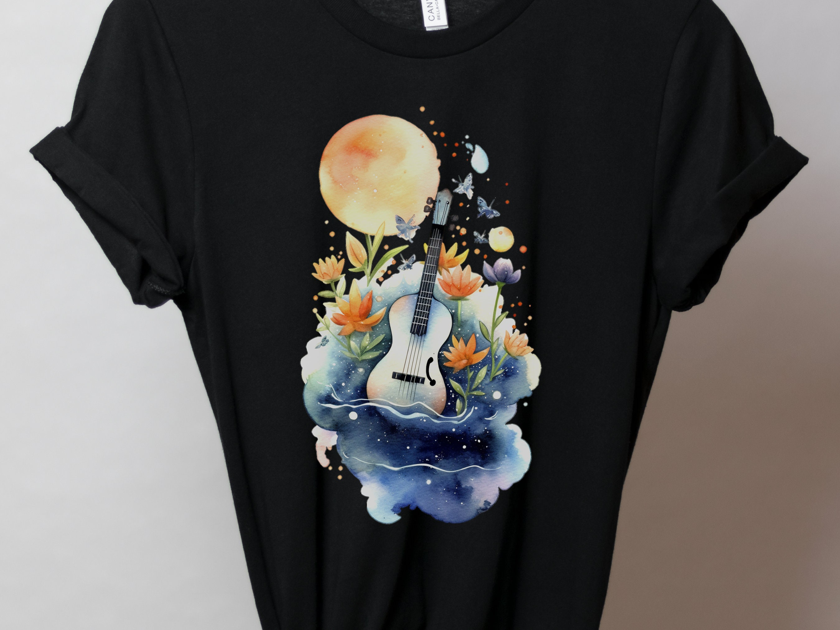 Guitar Shirt Whimsical Watercolour Moon Tee Floral Flowers Music Nature Lovers Artistic Cute Celestial T-Shirt Gift for Musicians Guitarists - View 6