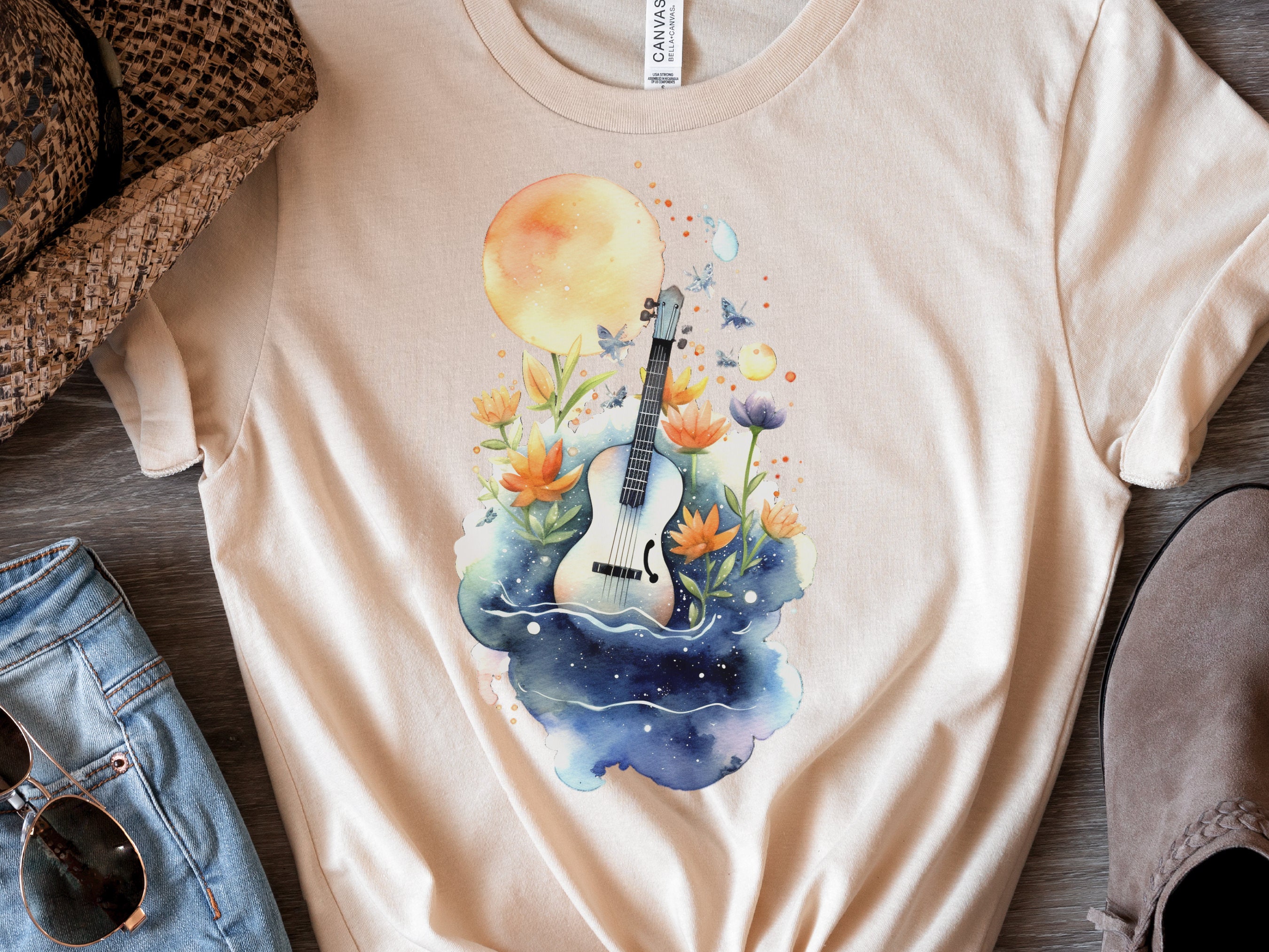 Guitar Shirt Whimsical Watercolour Moon Tee Floral Flowers Music Nature Lovers Artistic Cute Celestial T-Shirt Gift for Musicians Guitarists - View 7