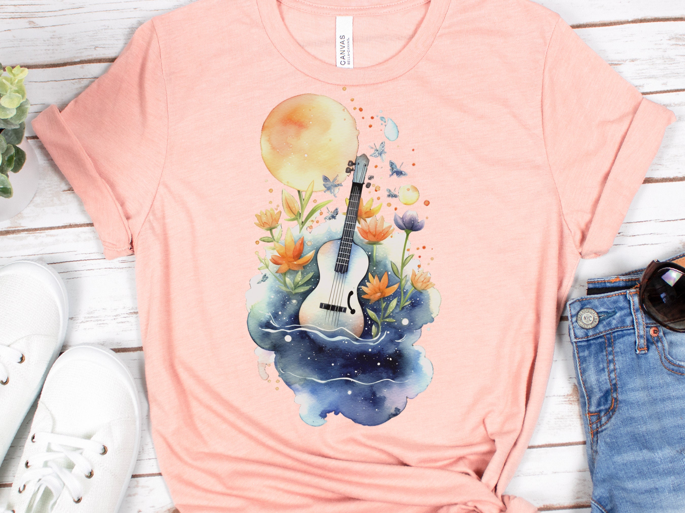 Guitar Shirt Whimsical Watercolour Moon Tee Floral Flowers Music Nature Lovers Artistic Cute Celestial T-Shirt Gift for Musicians Guitarists - View 8