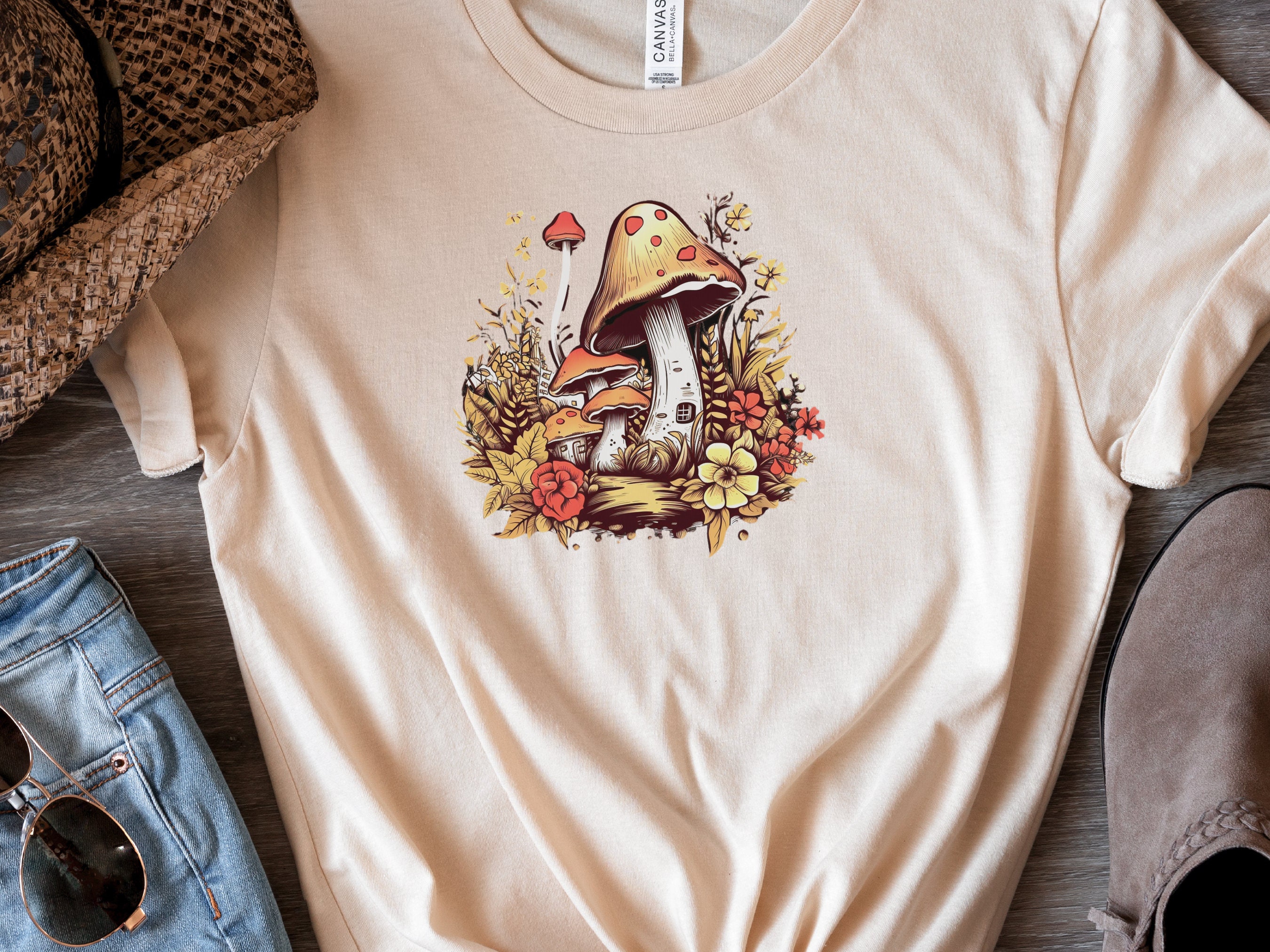 Mushroom House T-Shirt Enchanting Cottagecore Fairy Tale Tee Floral Nature Toadstool Whimsical Woodland Fantasy Magical Forest Fairycore - View 2