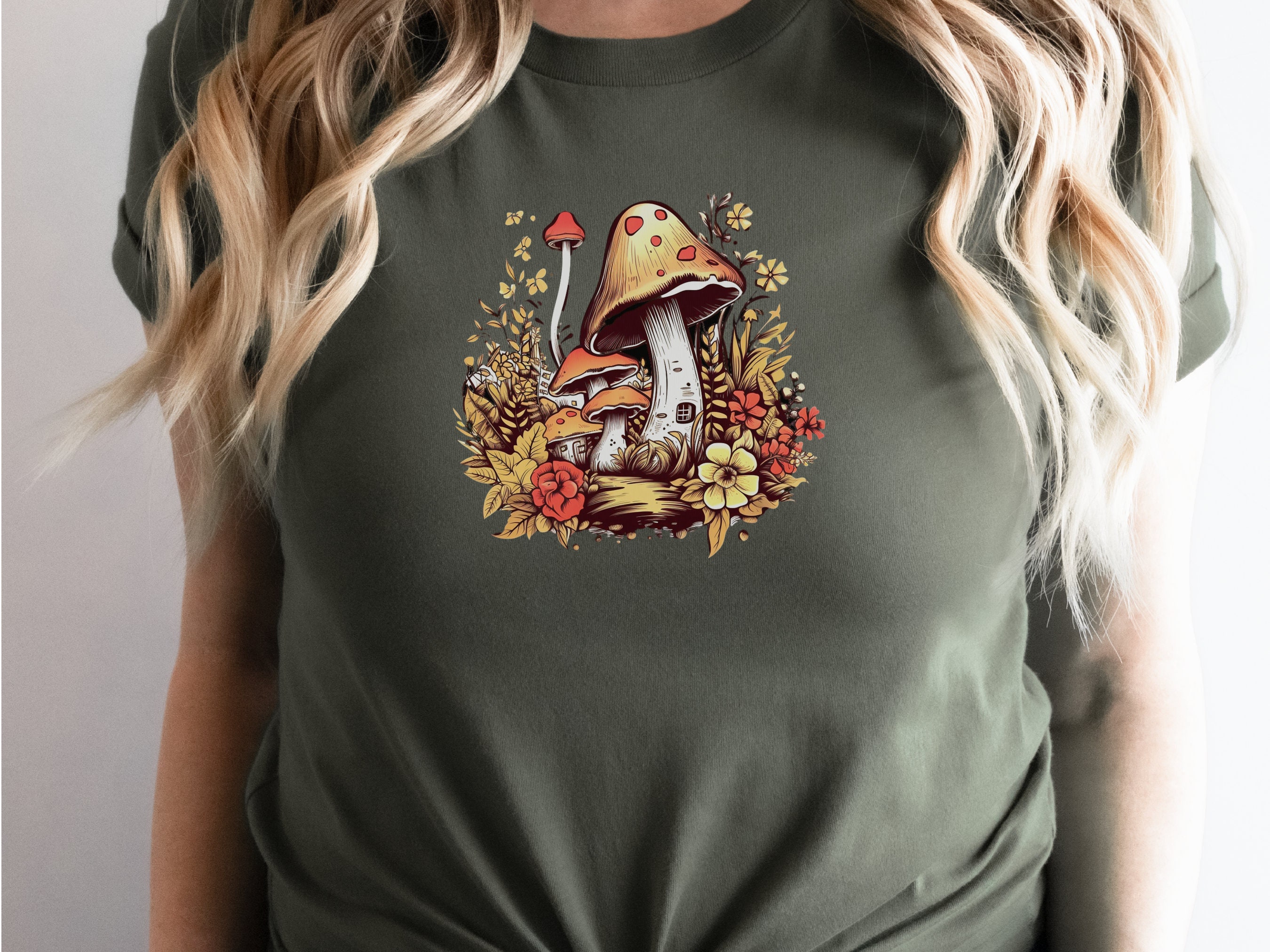 Mushroom House T-Shirt Enchanting Cottagecore Fairy Tale Tee Floral Nature Toadstool Whimsical Woodland Fantasy Magical Forest Fairycore - View 3