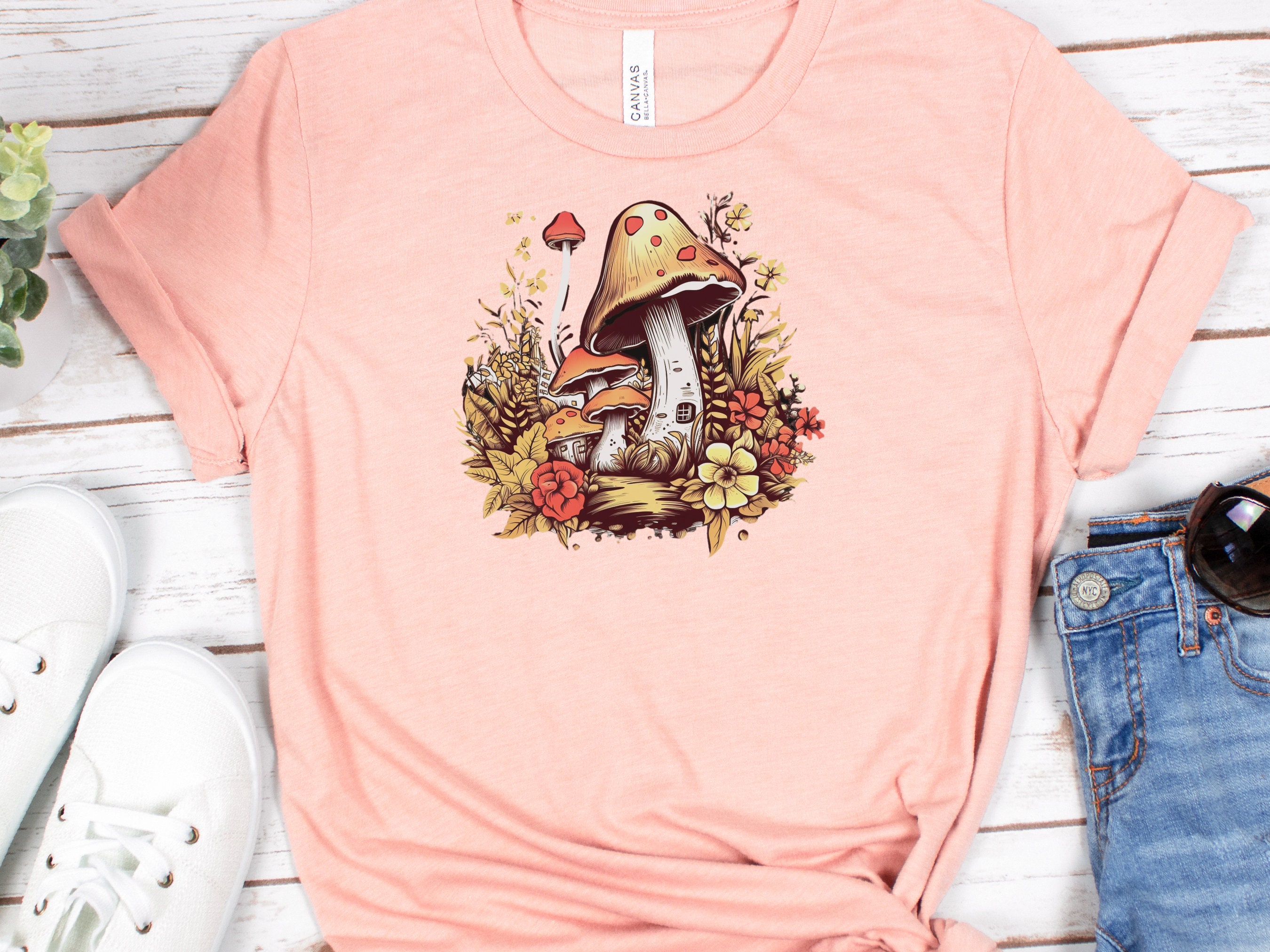 Mushroom House T-Shirt Enchanting Cottagecore Fairy Tale Tee Floral Nature Toadstool Whimsical Woodland Fantasy Magical Forest Fairycore - View 4