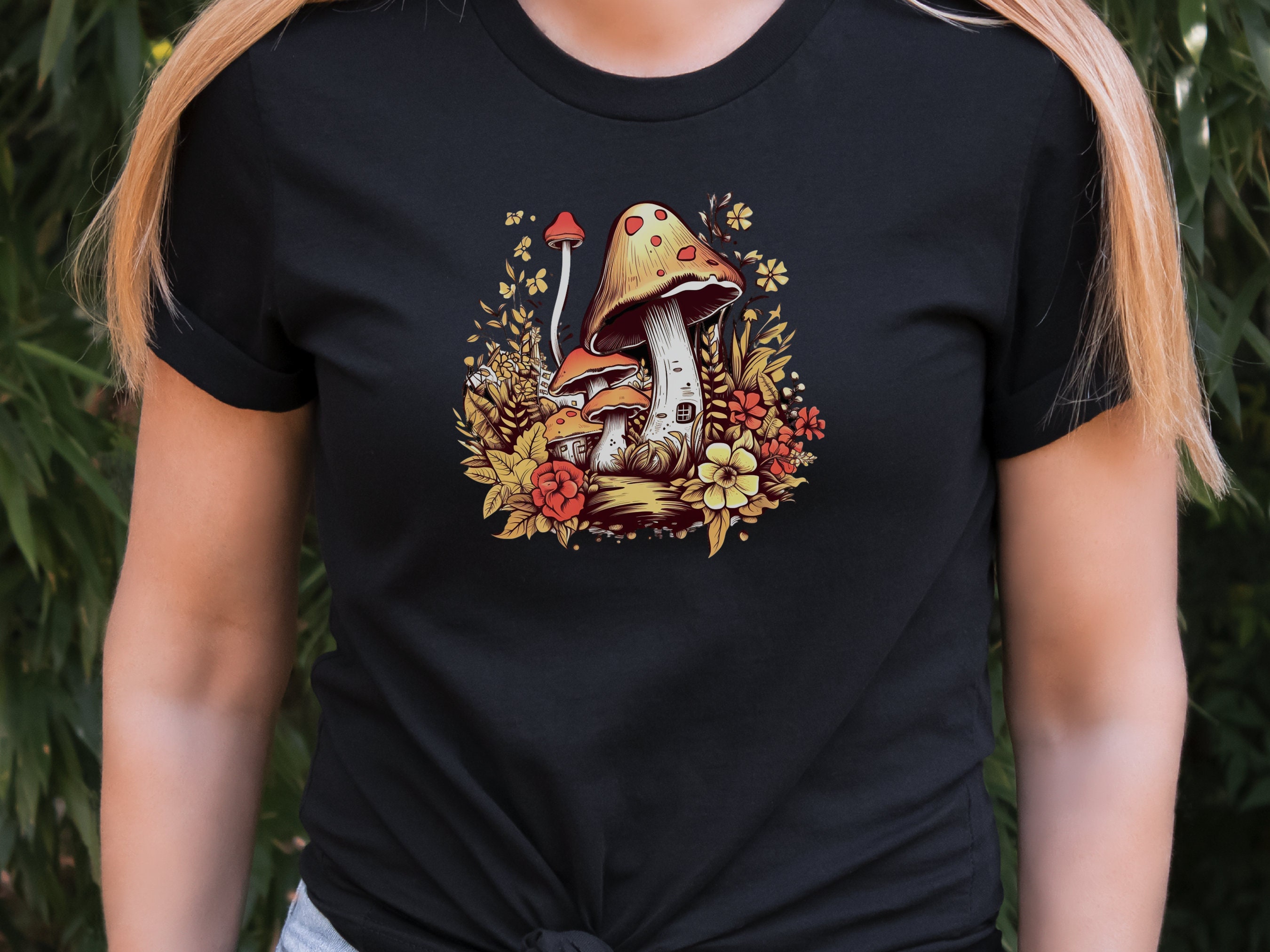 Mushroom House T-Shirt Enchanting Cottagecore Fairy Tale Tee Floral Nature Toadstool Whimsical Woodland Fantasy Magical Forest Fairycore - View 5