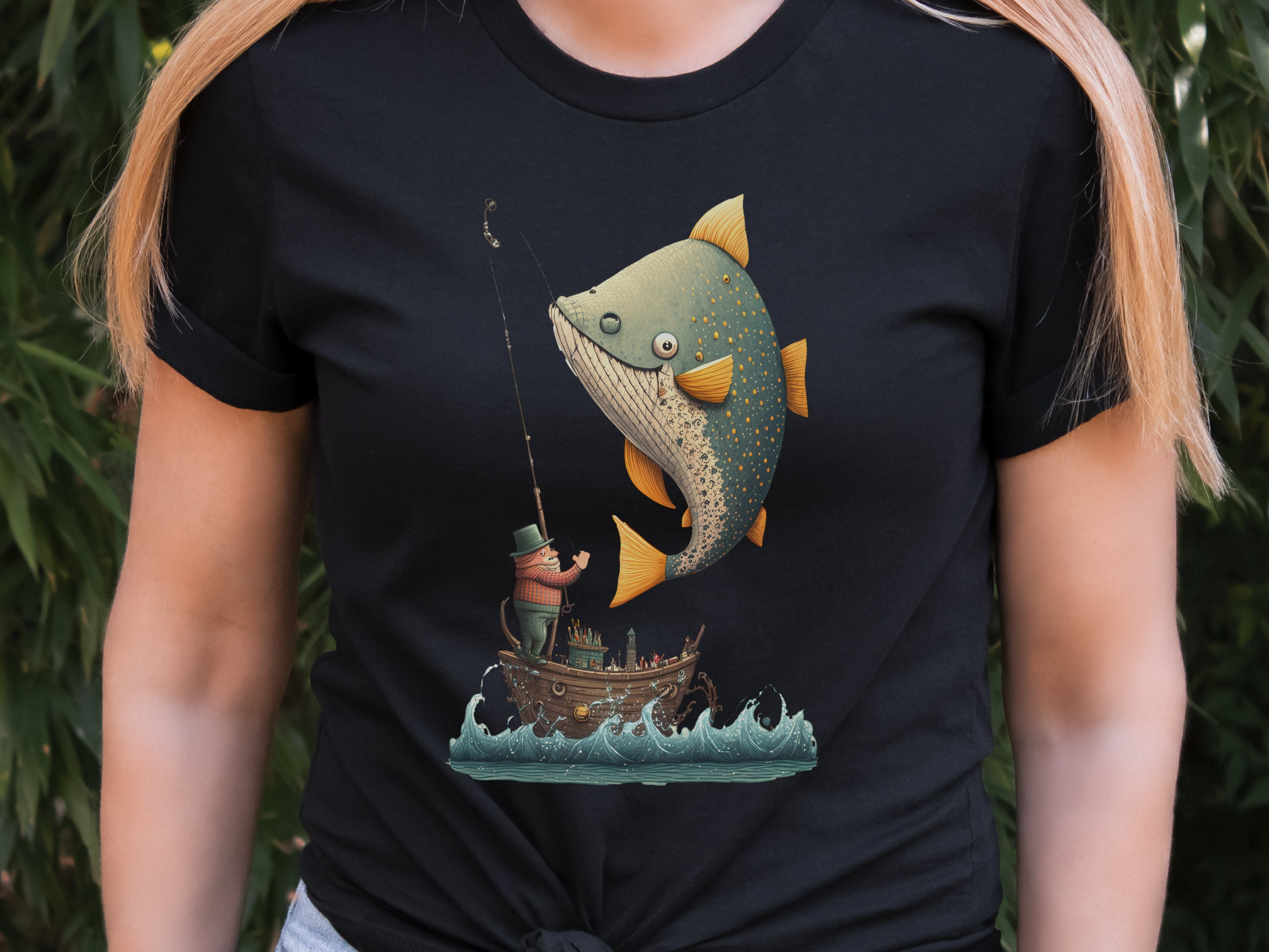 Funny Fishing Shirt for Women Fishermans T-Shirt Big Fish Small Boat Whimsical Tee Fishing Humour Illustration Fisherman Angler Gift for Men - View 2