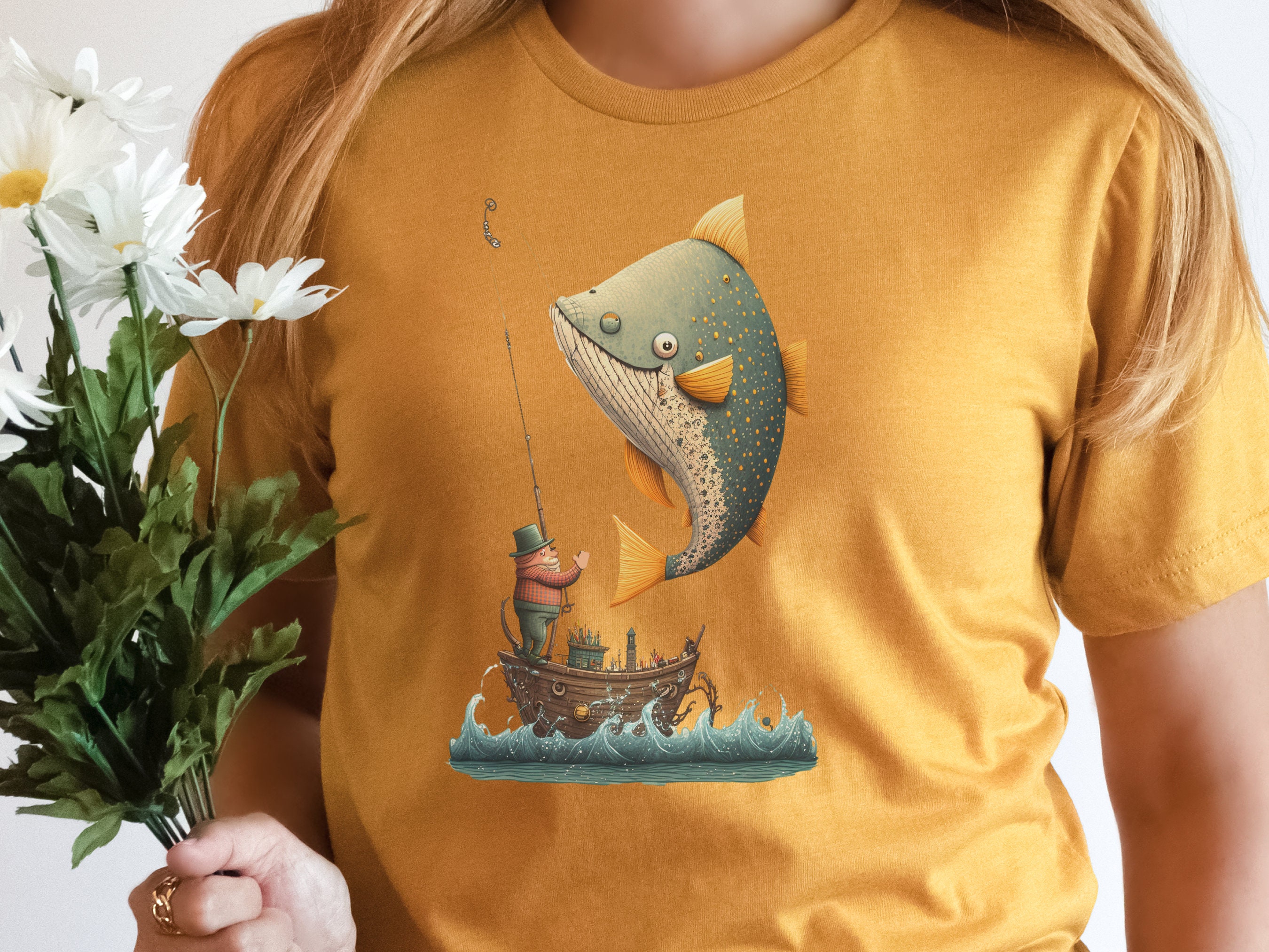 Funny Fishing Shirt for Women Fishermans T-Shirt Big Fish Small Boat Whimsical Tee Fishing Humour Illustration Fisherman Angler Gift for Men - View 3