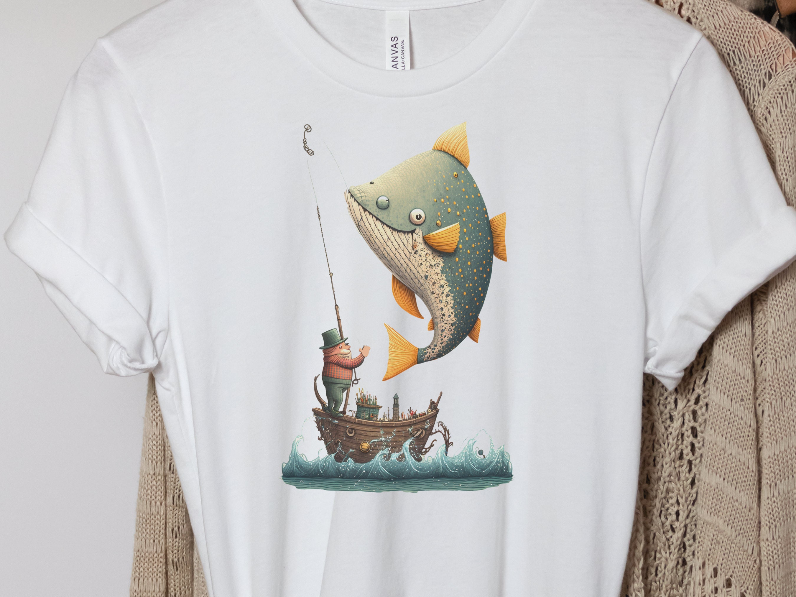 Funny Fishing Shirt for Women Fishermans T-Shirt Big Fish Small Boat Whimsical Tee Fishing Humour Illustration Fisherman Angler Gift for Men - View 4