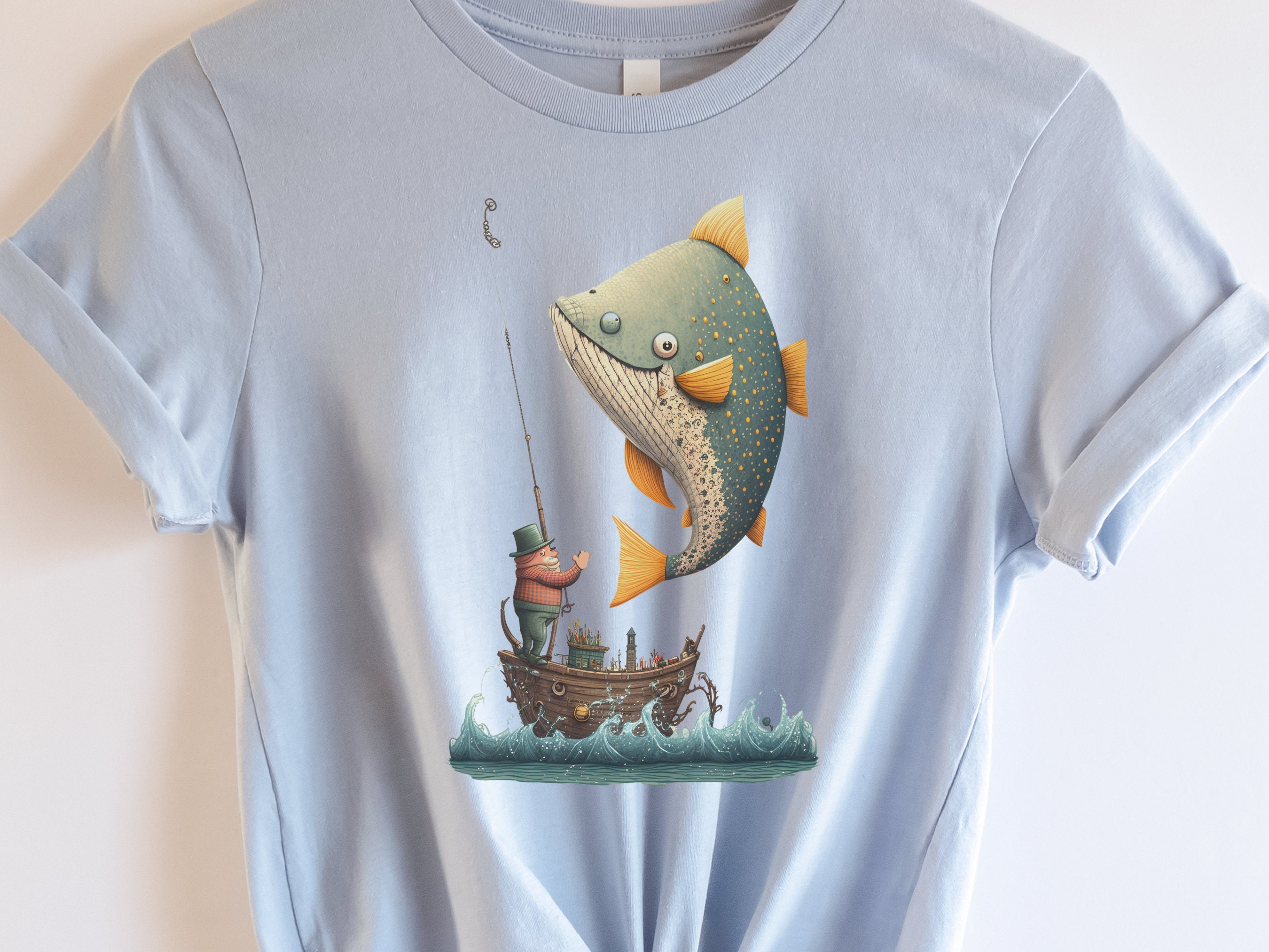 Funny Fishing Shirt for Women Fishermans T-Shirt Big Fish Small Boat Whimsical Tee Fishing Humour Illustration Fisherman Angler Gift for Men - View 5