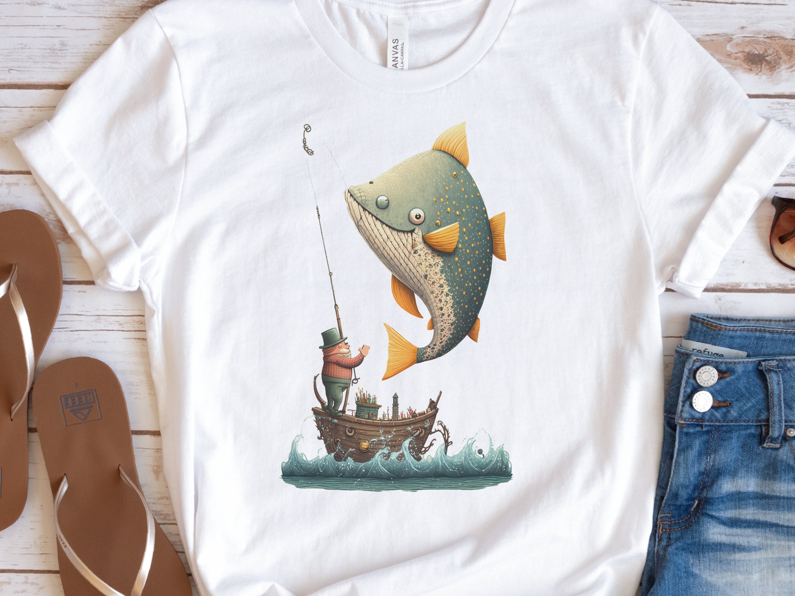 Funny Fishing Shirt for Women Fishermans T-Shirt Big Fish Small Boat Whimsical Tee Fishing Humour Illustration Fisherman Angler Gift for Men - View 6