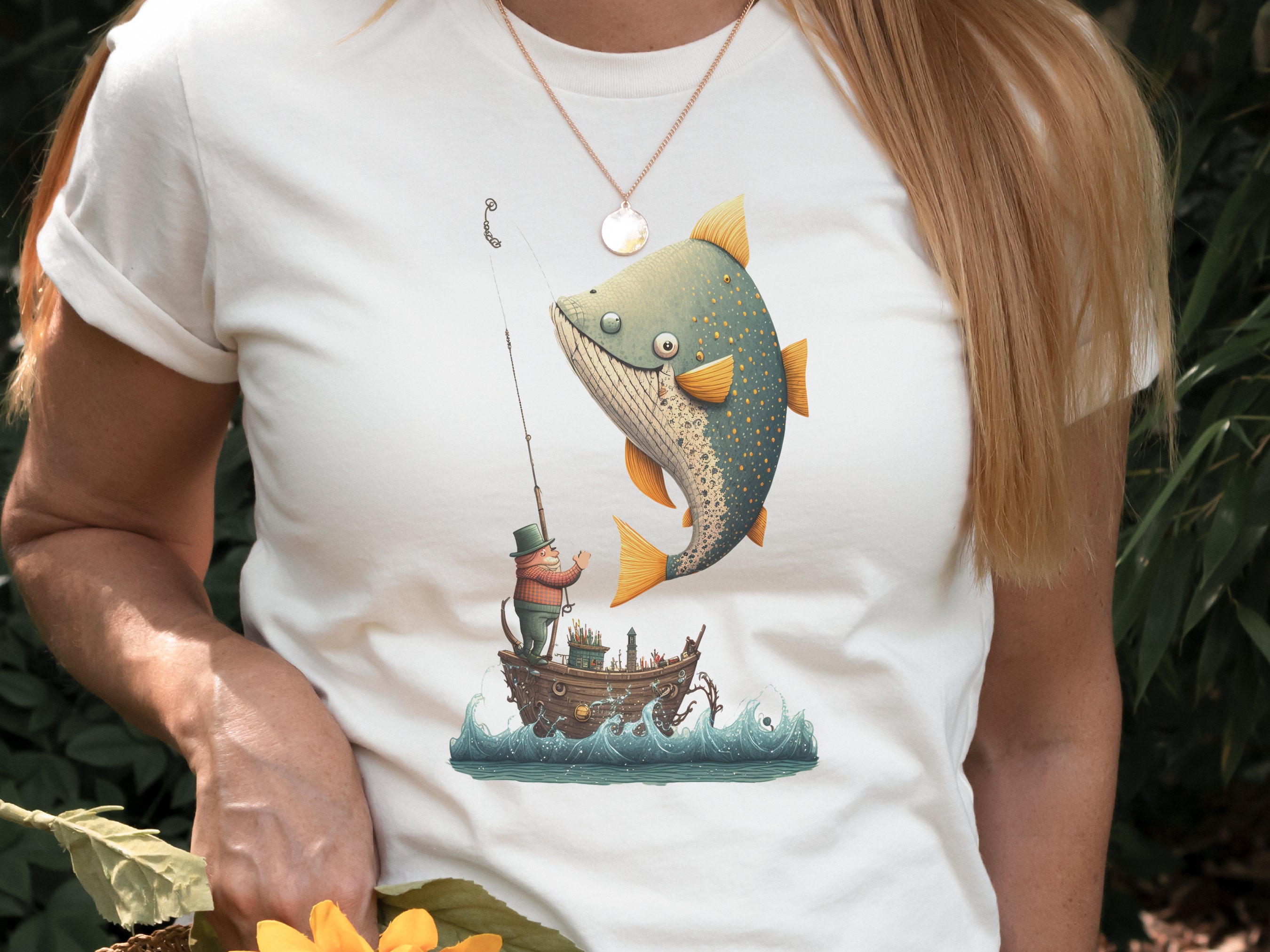 Funny Fishing Shirt for Women Fishermans T-Shirt Big Fish Small Boat Whimsical Tee Fishing Humour Illustration Fisherman Angler Gift for Men - View 7