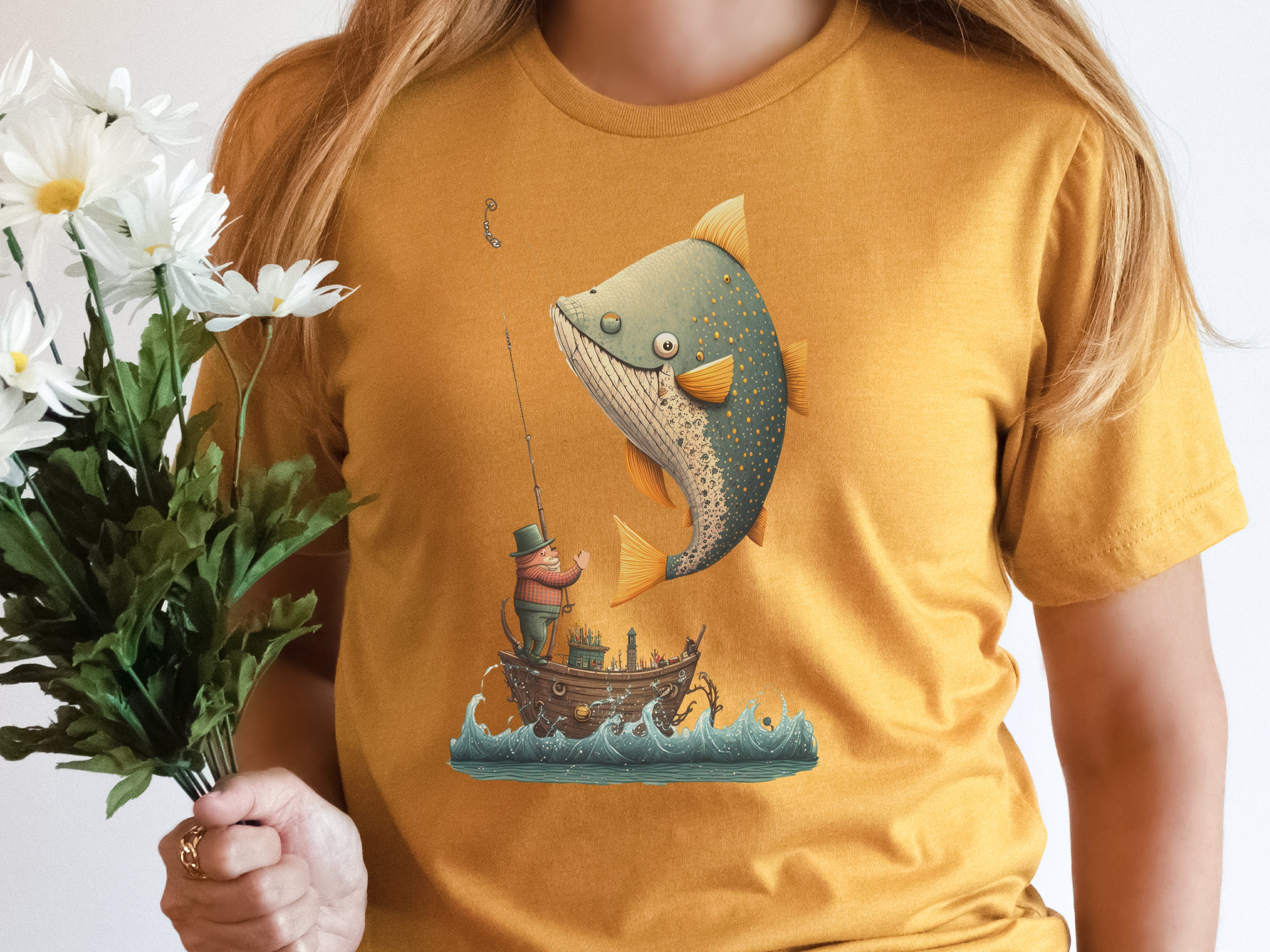 Funny Fishing Shirt for Women Fishermans T-Shirt Big Fish Small Boat Whimsical Tee Fishing Humour Illustration Fisherman Angler Gift for Men - View 8