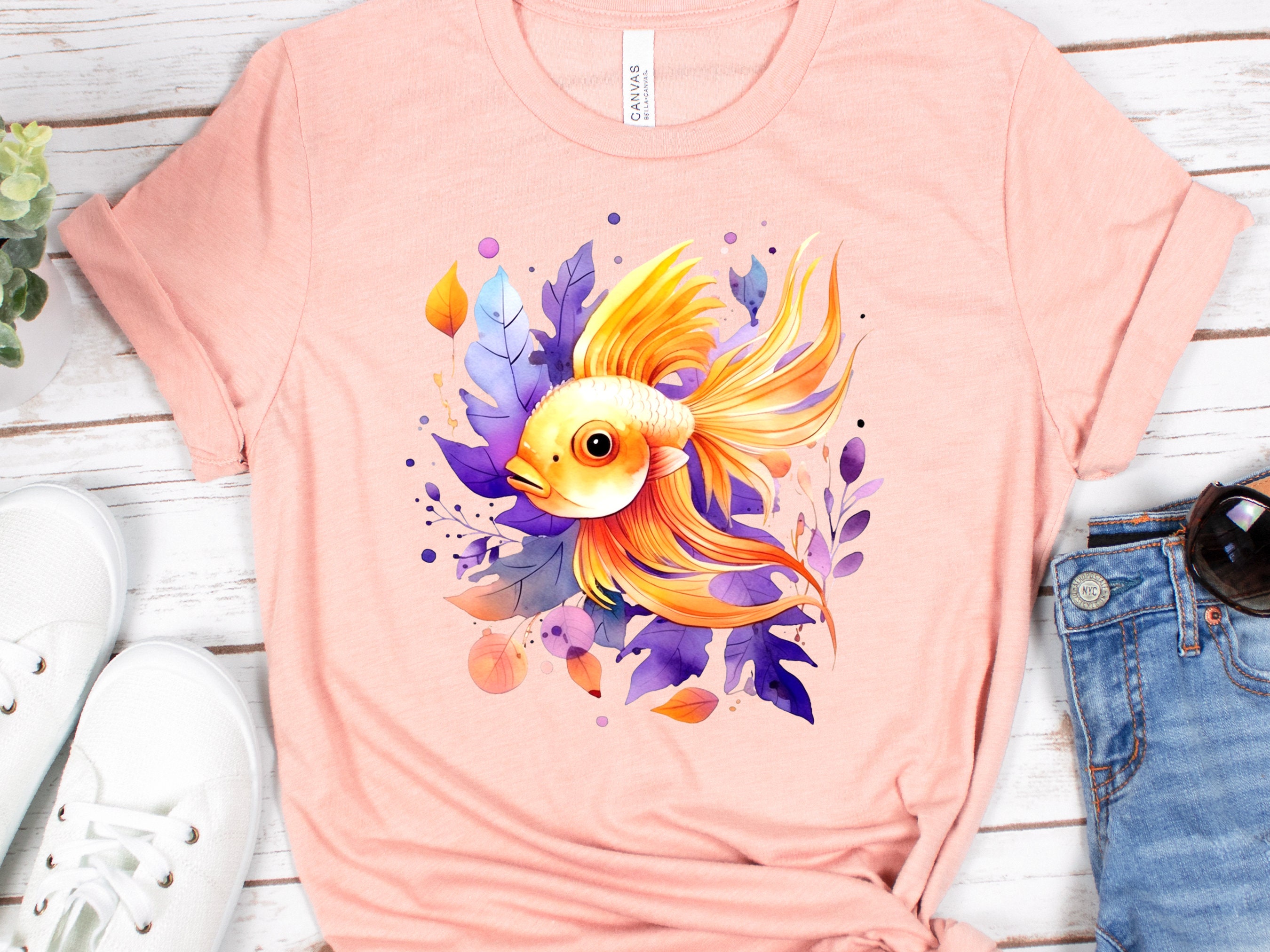 Goldfish Shirt Vibrant Fan Tail Fish Keepers Tee Design Purple Leafy Fishing Lovers Gift for Her Swimmers Top Divers T-shirt Organic Cotton - View 2